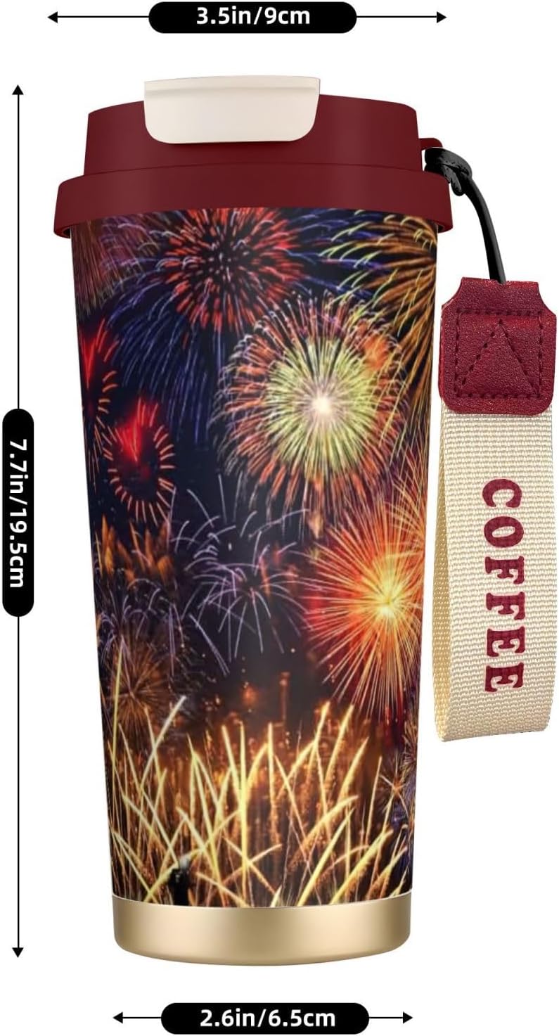 Fireworks Print Leakproof Insulated Coffee Mug,Stainless Steel Dual Drink Travel Tumbler,17 OZ