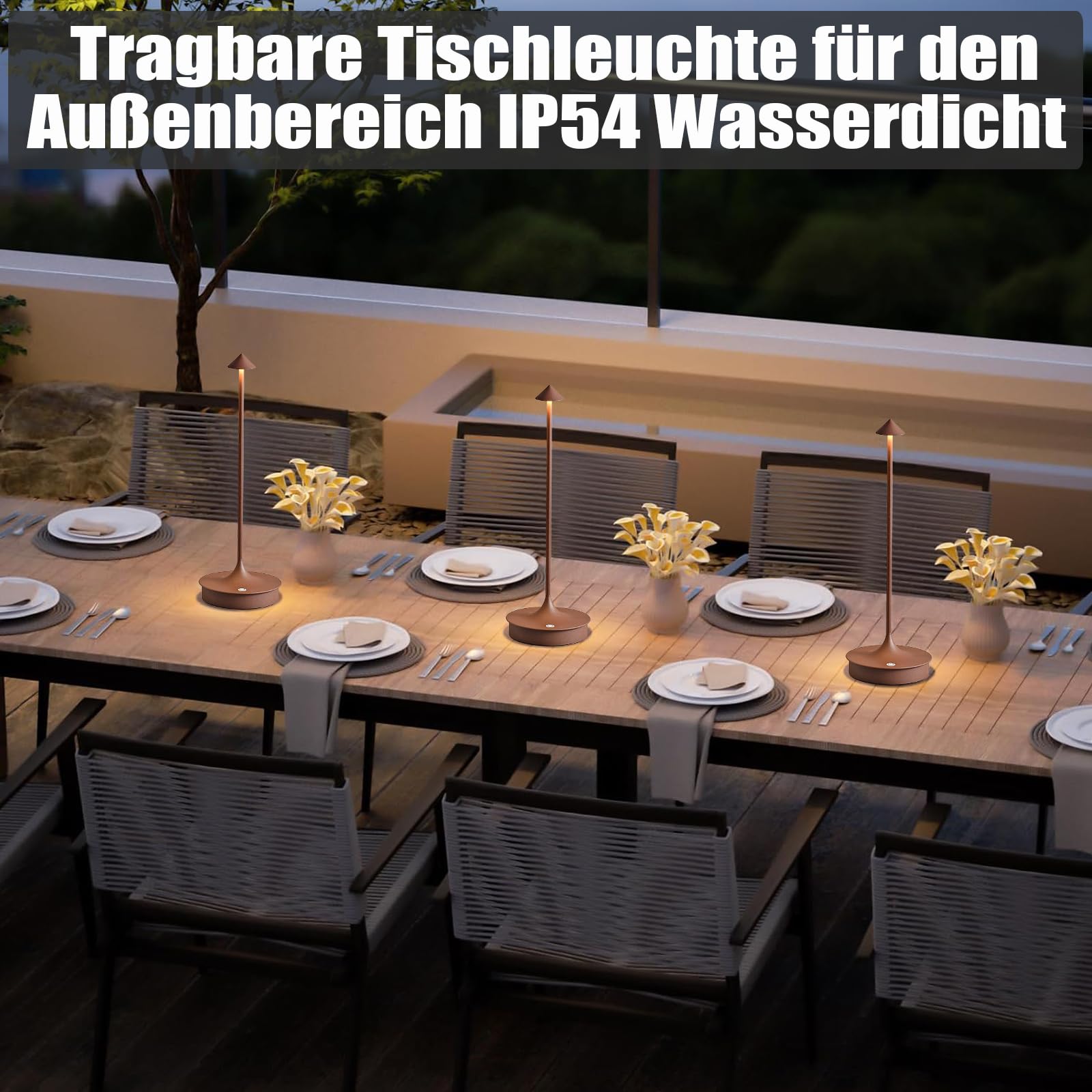 Leomix Kabellos LED Tischleuchte Kabellose Akku Tischlampe Aufladbar 4000mAh Tischlampe Touch Dimmbar Outdoor Tischlampe IP54 Wasserdicht für Restaurant/Bar/Garten/Balkon/Esstisch