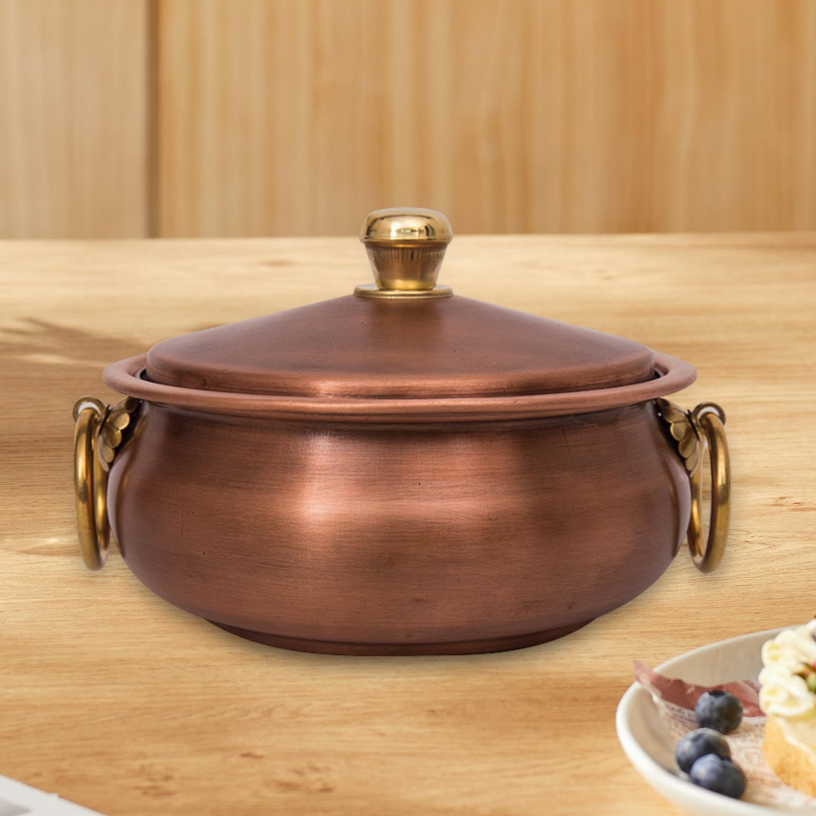 Perfeclan Kupfertopf, Kochgeschirr mit Deckel, Bratpfanne, Kupferkochtopf im Vintage-Stil, binauraler Topf für Picknick, Herd, Haushalt, Kochen zu Hause, 24 cm Durchmesser