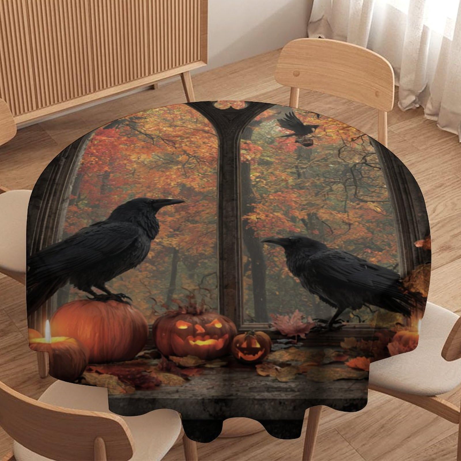 LUYYSKY Classic Vintage Gothic Crows Waterproof Round Tablecloth Beautiful Oil Painting Halloween Animals Raven Maple Leaves Pumpkins Washable Table Cover for Kitchen-91.4" Wx91.4 L cm
