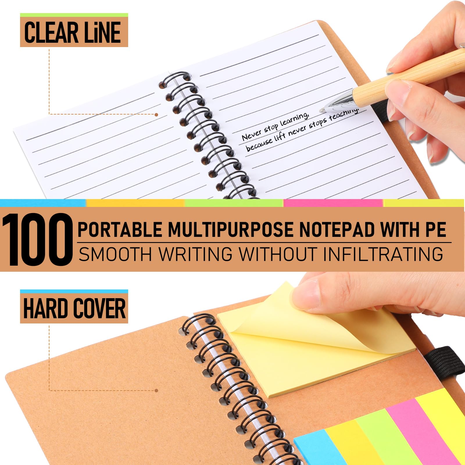 Chuangdi 100 juegos de cuadernos en espiral forrados con notas adhesivas y bolígrafos de bambú, suministros de regreso a clases para el personal de profesorado de oficina, cuaderno kraft con juego de