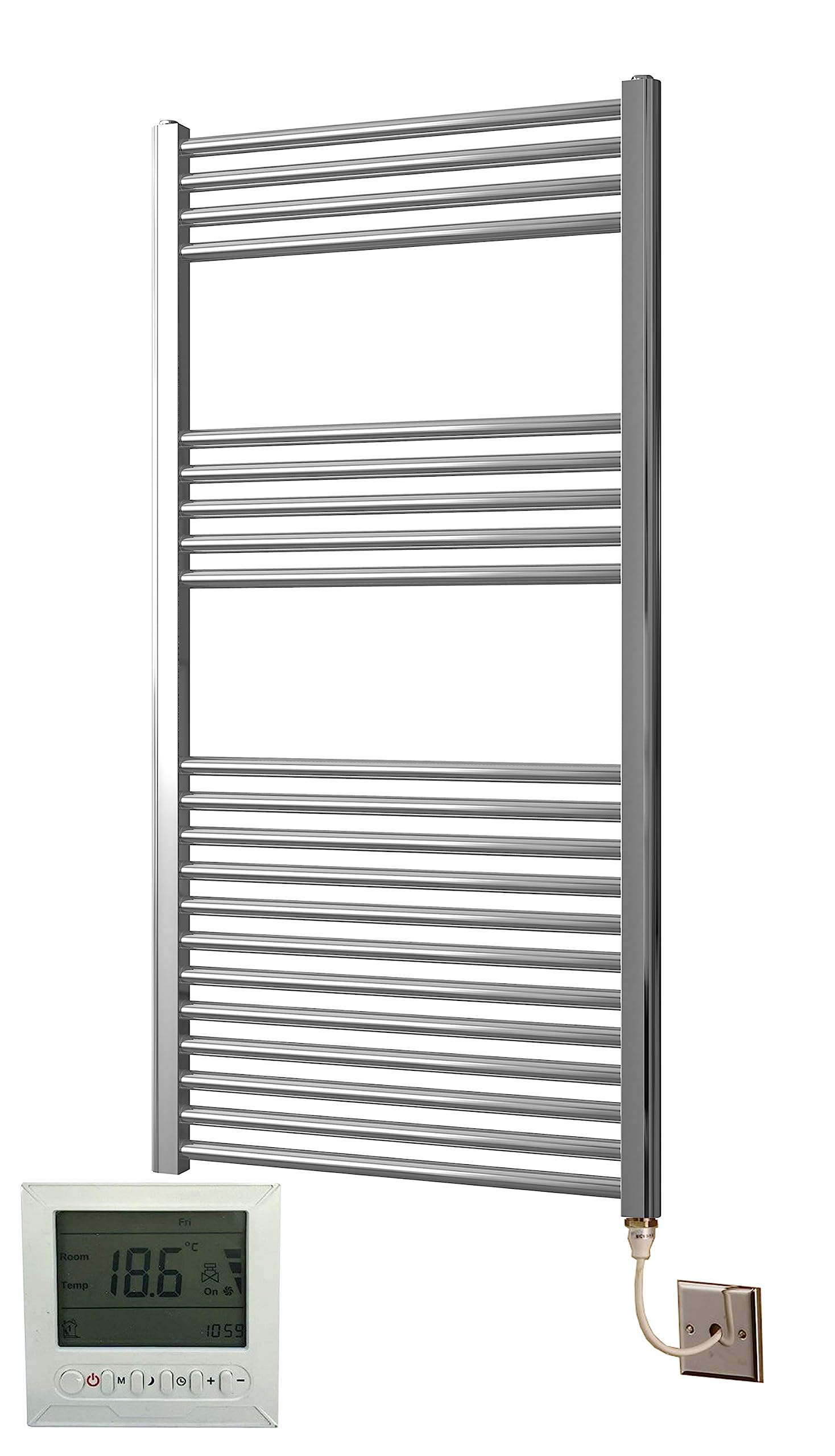 Greened House Chrome Extra High Heat Output Electric Towel Rail 600 X 1200Mm Flat Bathroom Radiator Heater Up To 26% More Heat Output + Timer And Thermostat