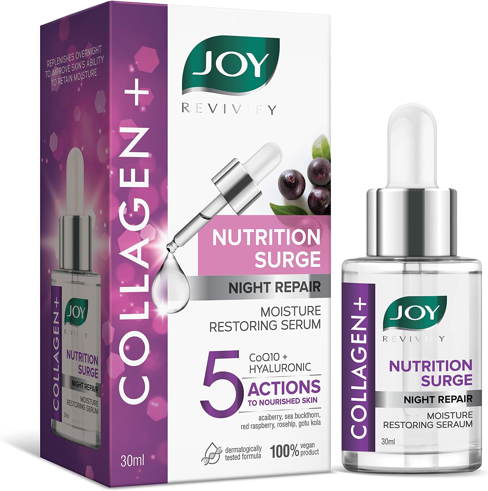 Joy Nutrition Surge Collagen Face Serum for Night Repair | Moisture Restoring Serum with Powerful Ingredients for Overnight Repair | Suitable for All Skin Types (30ml)