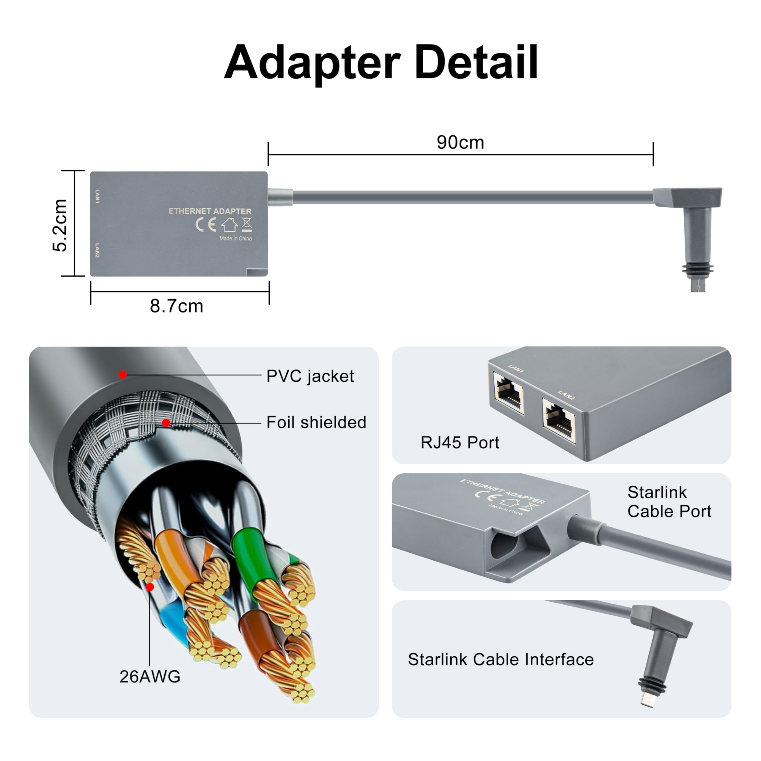 Adaptador Ethernet para Starlink GEN2 con Dos Puertos, Cable de 1m, Interfaz RJ45 1 a 2 Gigabit Repuesto para Internet Satelital Starlink Conexión por Cable Sencilla para Dos Dispositivos