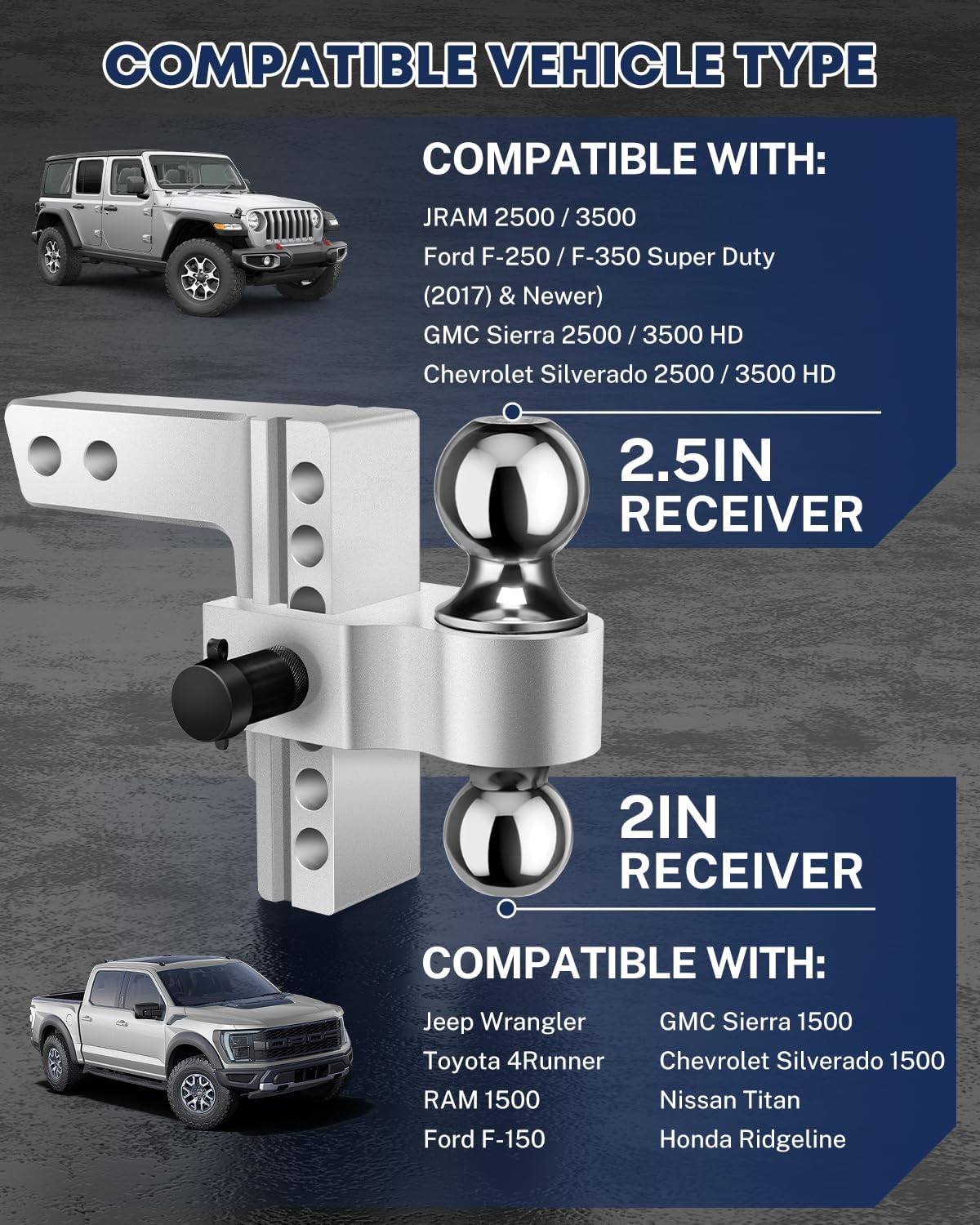 Kohree 6" Adjustable Trailer Hitch Kit Fit 2" & 2.5" Receiver, Drop Hitch with 3 Ball 1-7/8", 2", 2-5/16", 12500 LBS GTW Heavy Duty Tow Hitch with Anti-Theft Pins for Class III & IV Vehicles