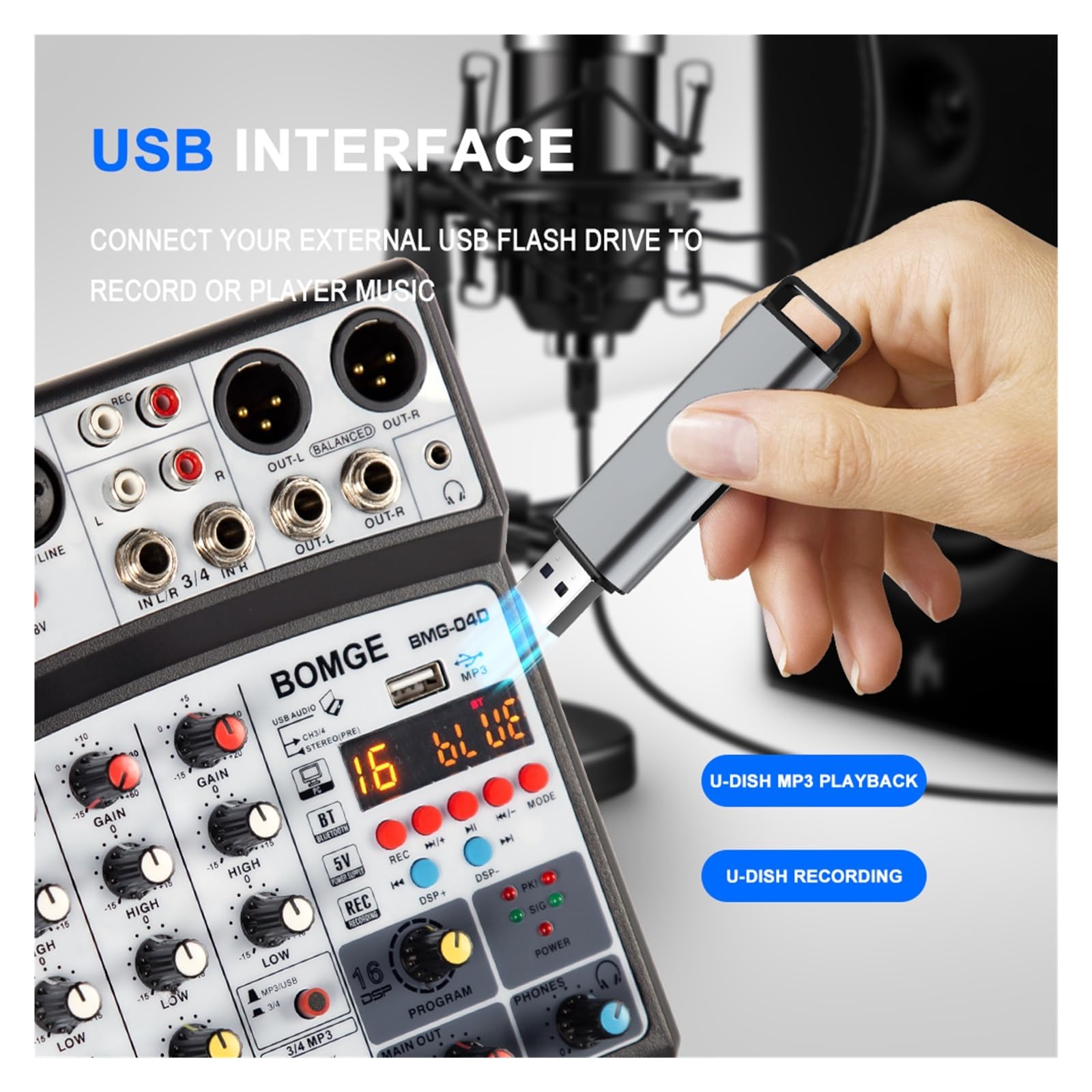 4-kanałowy 16-kanałowy interfejs miksera dźwięku DSP Echo dj z nagrywaniem MP3 USB Bluetooth Stereo(Wit)