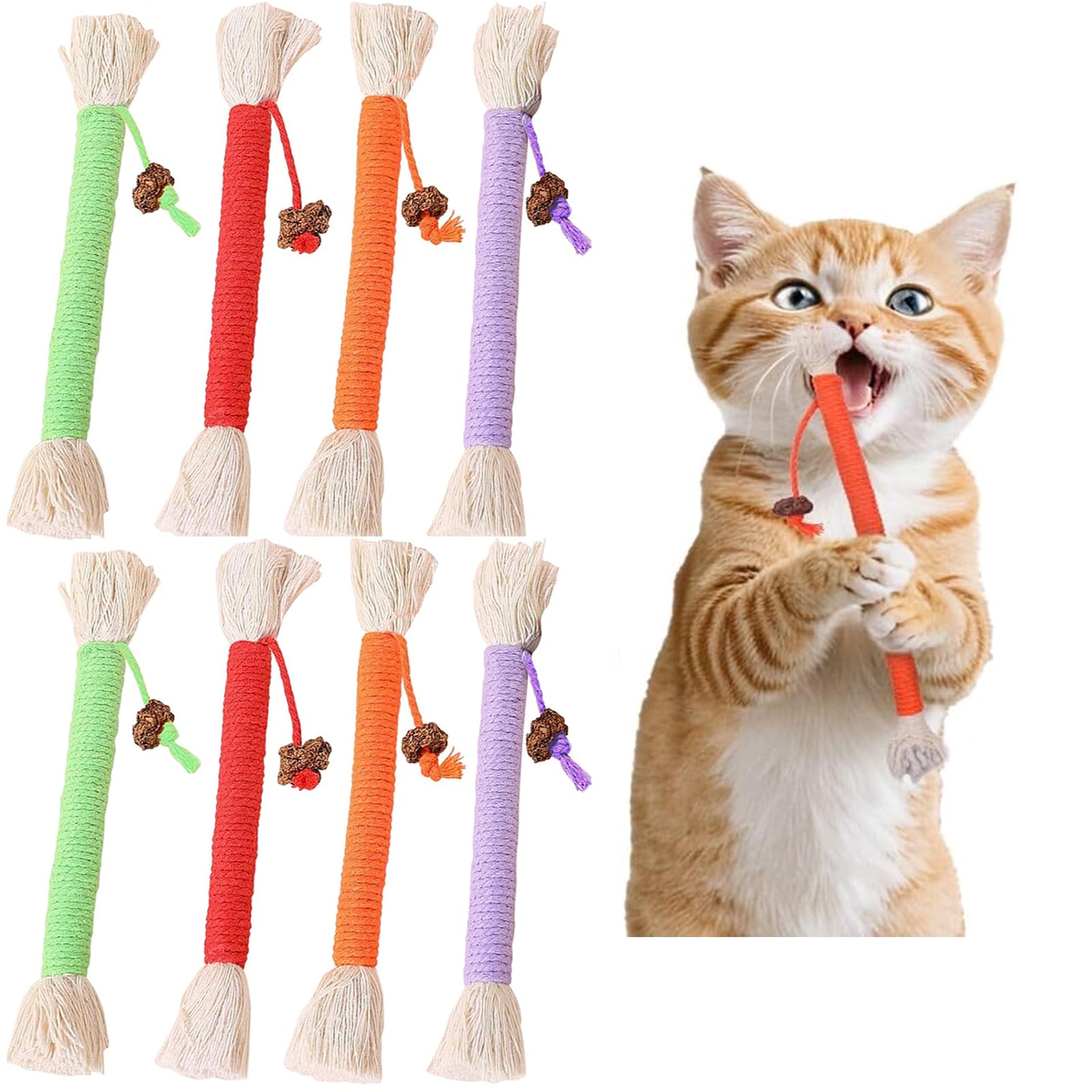 DXBNEZBC 8 Pcs Cat Teeth Cleaning Kitten Teething, Catnip Chewing Toy Rope, Filled Natural Catnip, Stress Release
