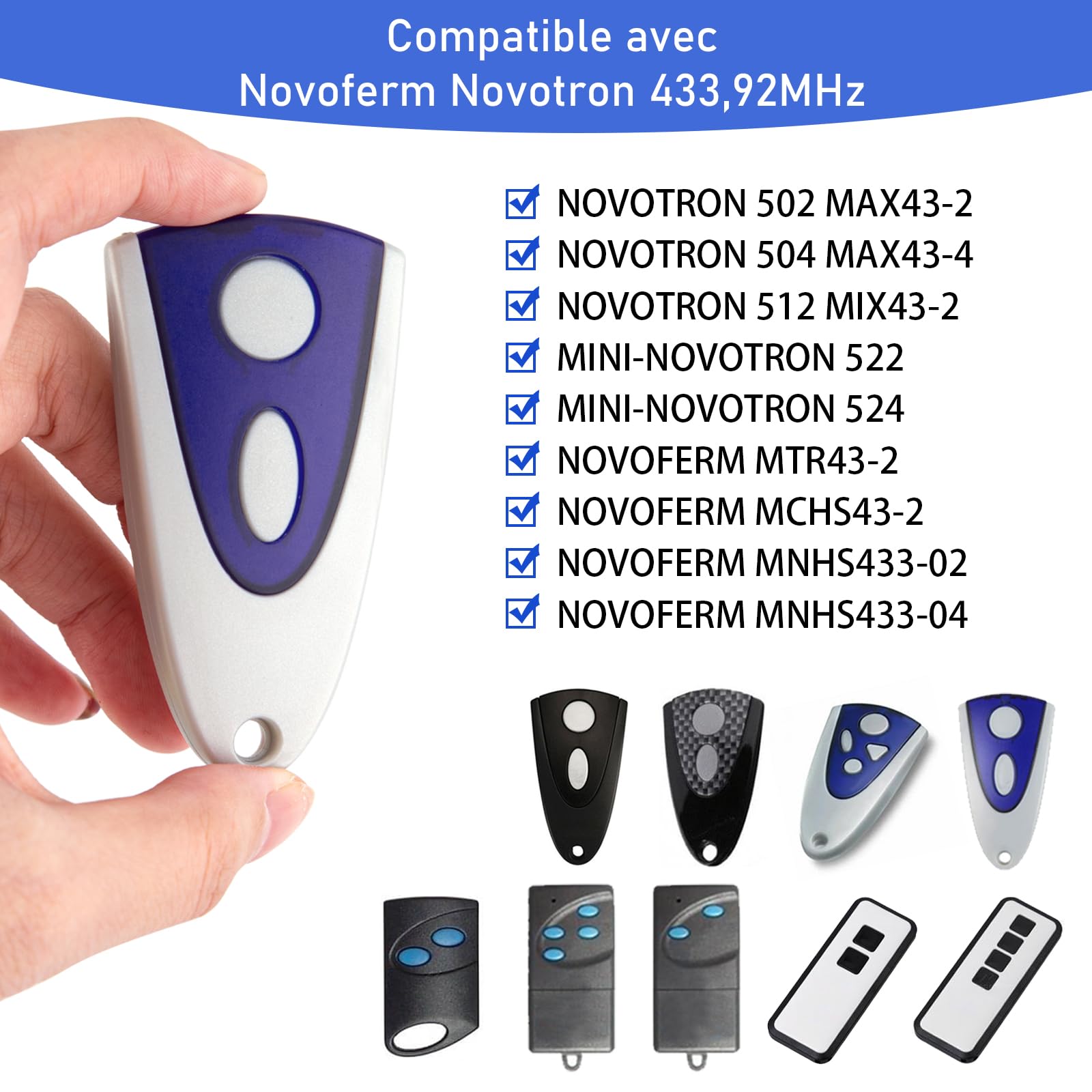 Lot de 2 Émetteur Porte de Garage 433,92MHz Compatible avec Novoferm Novotron 502 MAX43-2 Novotron 512 MIX43-2 pour Novotron 522 Novoferm MNHS433-2