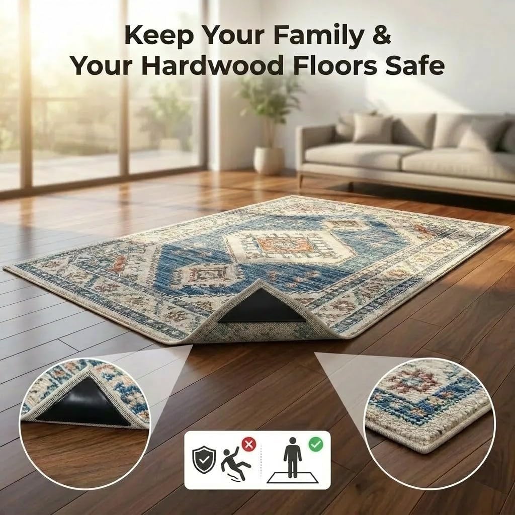 12 Pcs Rug Tape Hardwood Floors No Damage, Works On Cement, Outdoor Welcome Mats, Gripper for Carpet Over Carpet, Non Slip Classroom Pad