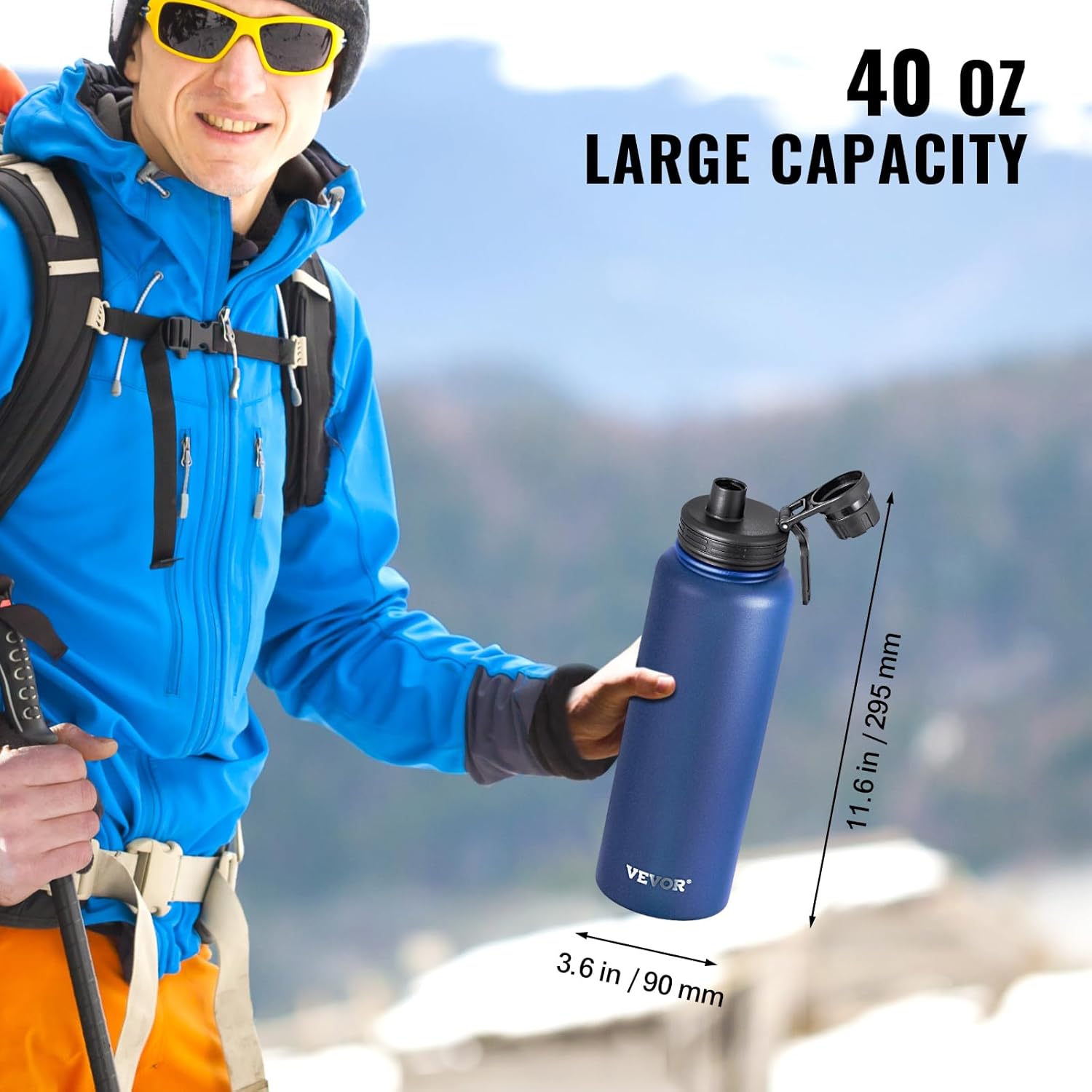 VEVOR 40 oz Insulated Water Bottle, Stainless Steel Camping & Hiking Hydration Flask with Wide Mouth Lid, Sports Coffee Cup Double Walled, Leakproof, for Indoor/Outdoor Use,Blue