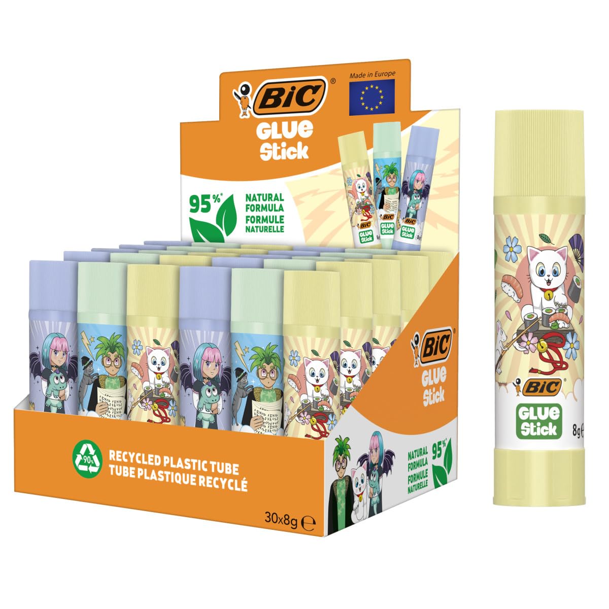 BIC Glue Sticks 8g, 95% Natural Ingredient Formula in Rotating Tube for Crafts - 3 Manga Designs, Box of 30