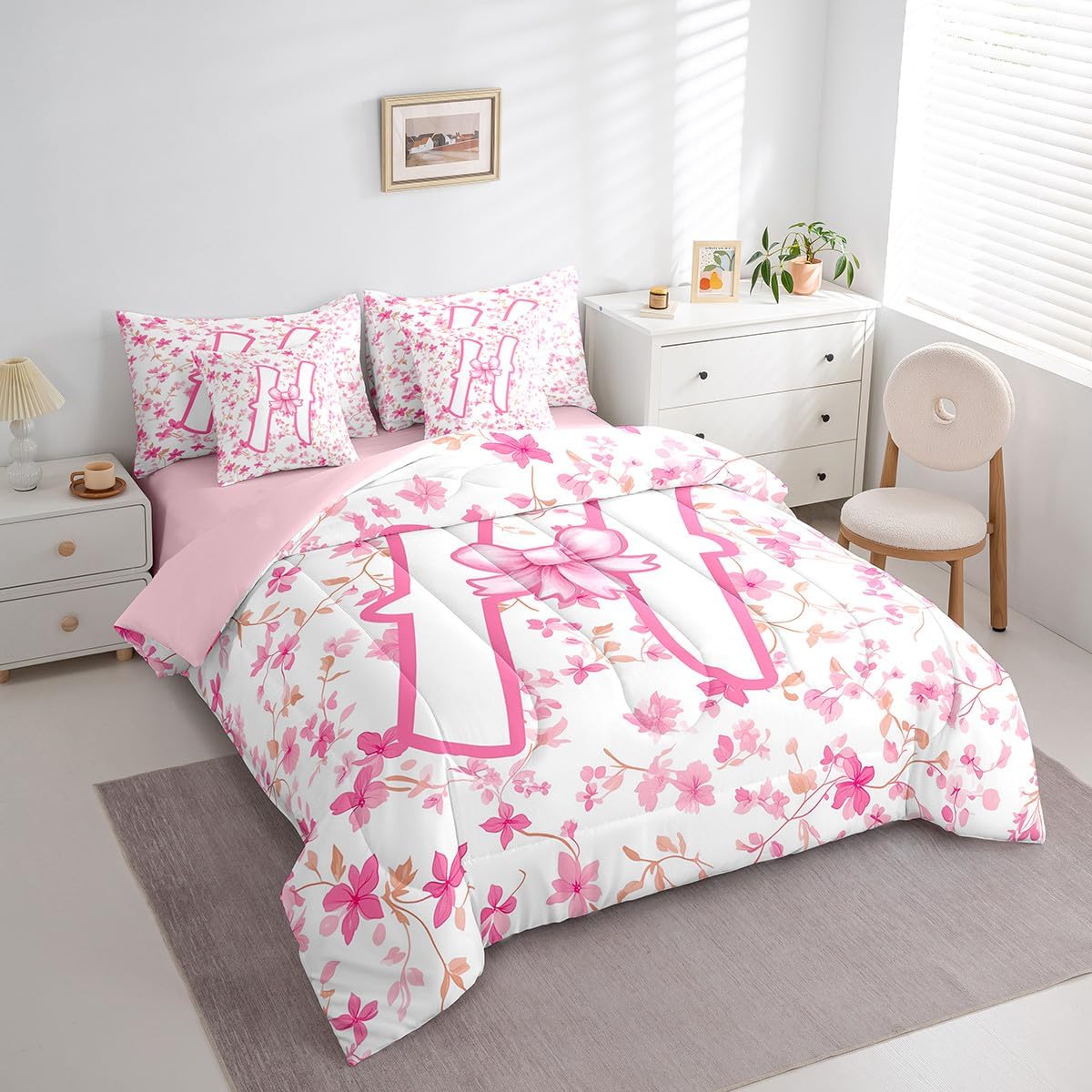 Feelyou Girls Cute Pink Bowknot Comforter Set with Sheets Personalized Letter H Queen Size 7 Piece Bedding Set for Kids Girls Coquette Bow Bed in a Bag