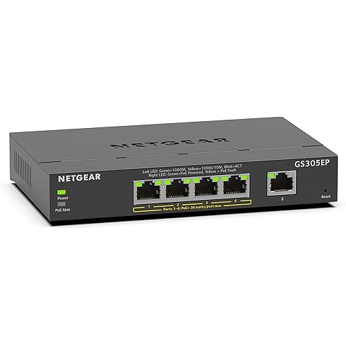 NETGEAR 5 Port PoE Gigabit Ethernet Plus Switch (GS305EP) - with 4 x PoE+ @ 63W, Desktop or Wall Mount