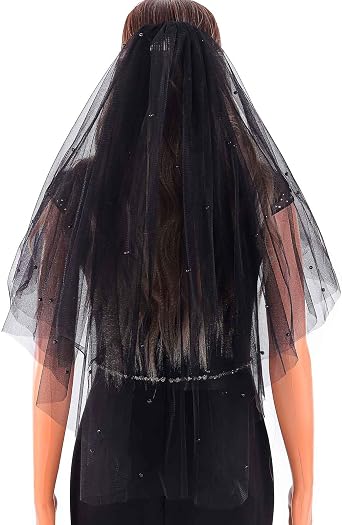 Acenail Black Veil Lace Long Wedding Funeral Veils Brides Veils with Comb Fingertip Mourning Halloween Veil for Women