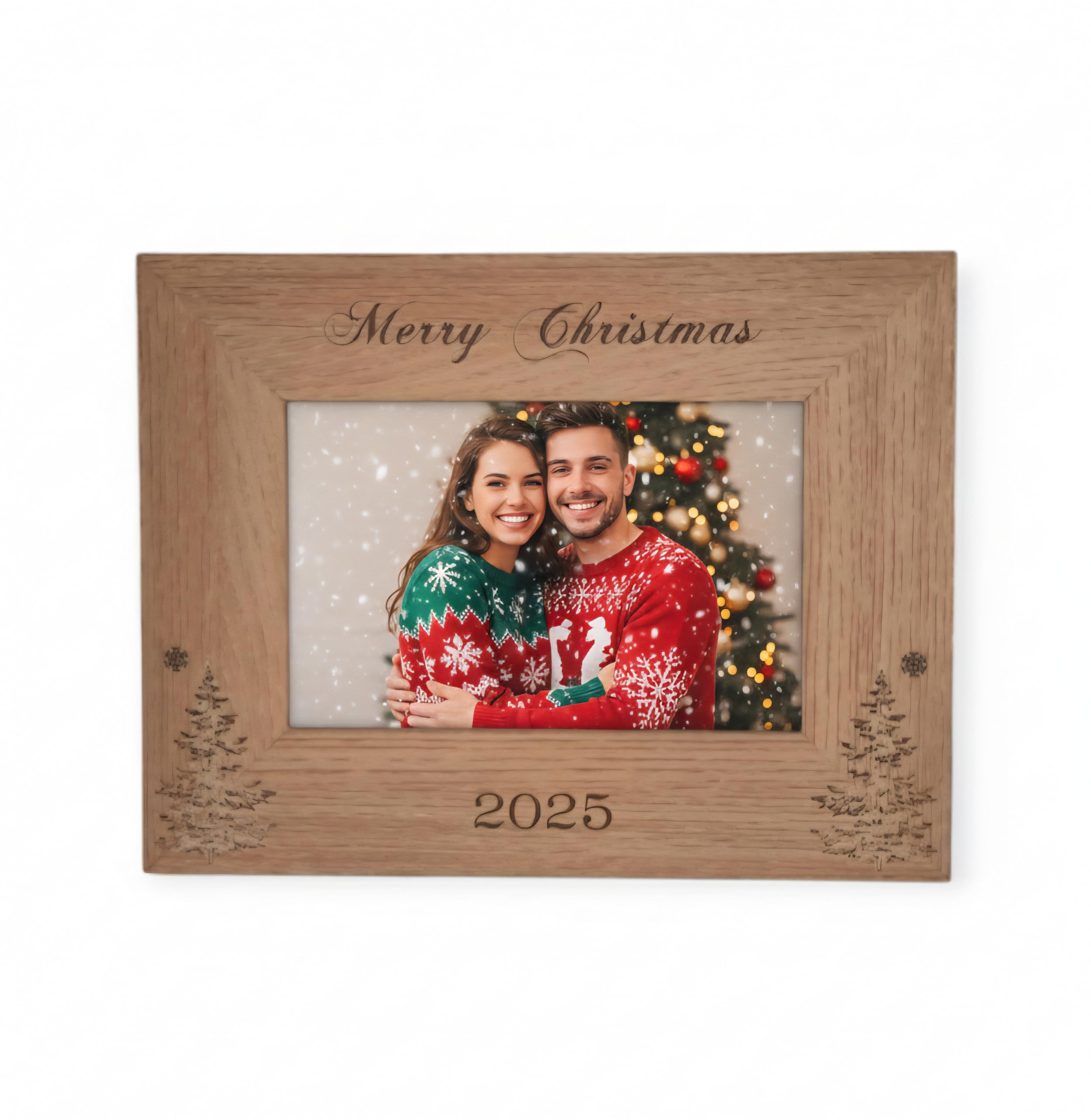 Merry Christmas 2025 Photo Frame Engraved Wooden Christmas Frame Gift For Friends Family Memories Keepsake (7 x 5 - Landscape)