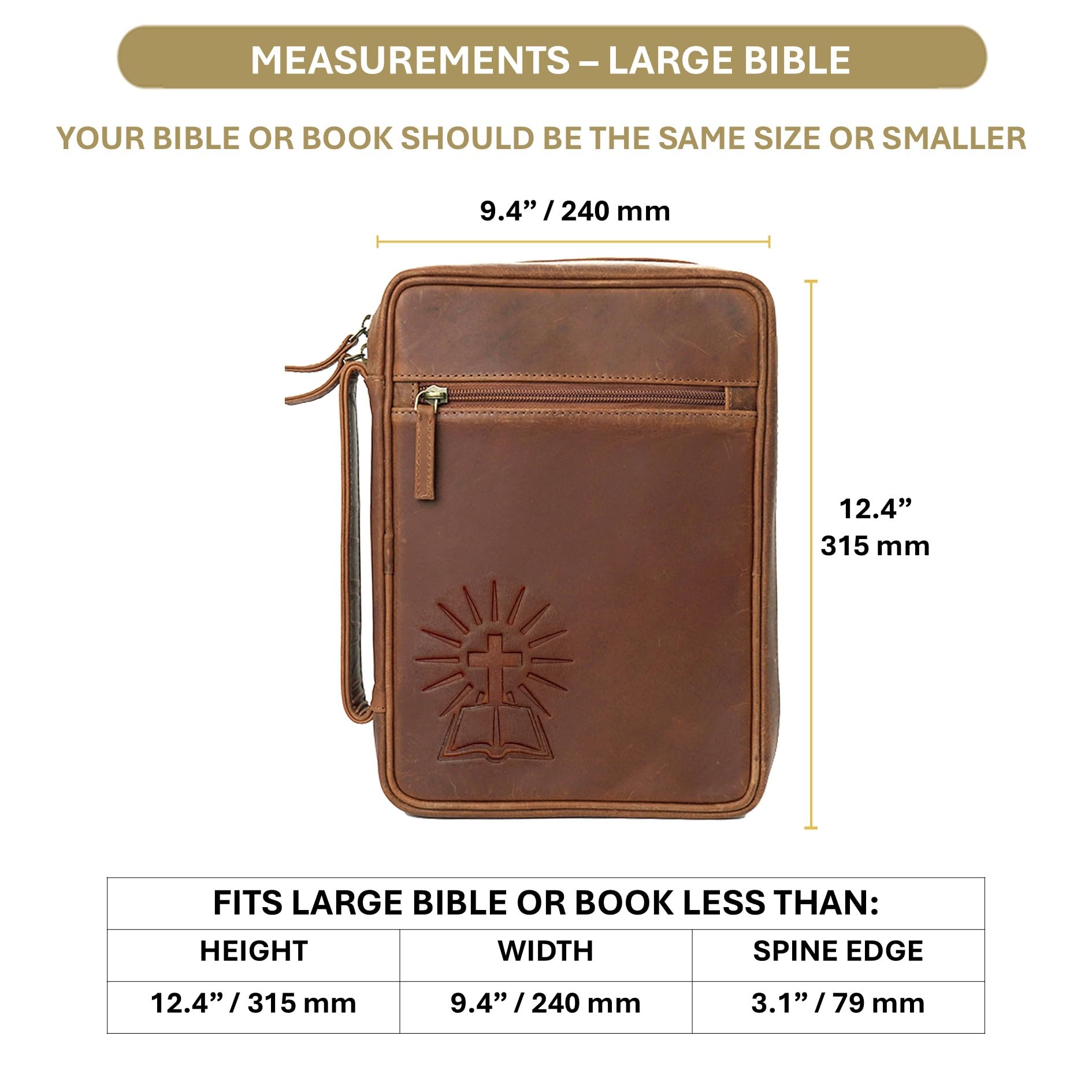 Sovereign-Gear Funda grande de cuero para la Biblia con cruz, piel de búfalo auténtica para hombres y mujeres, con asa, cremallera, bolsillos, bolsa de iglesia más marcapáginas y soporte compatible
