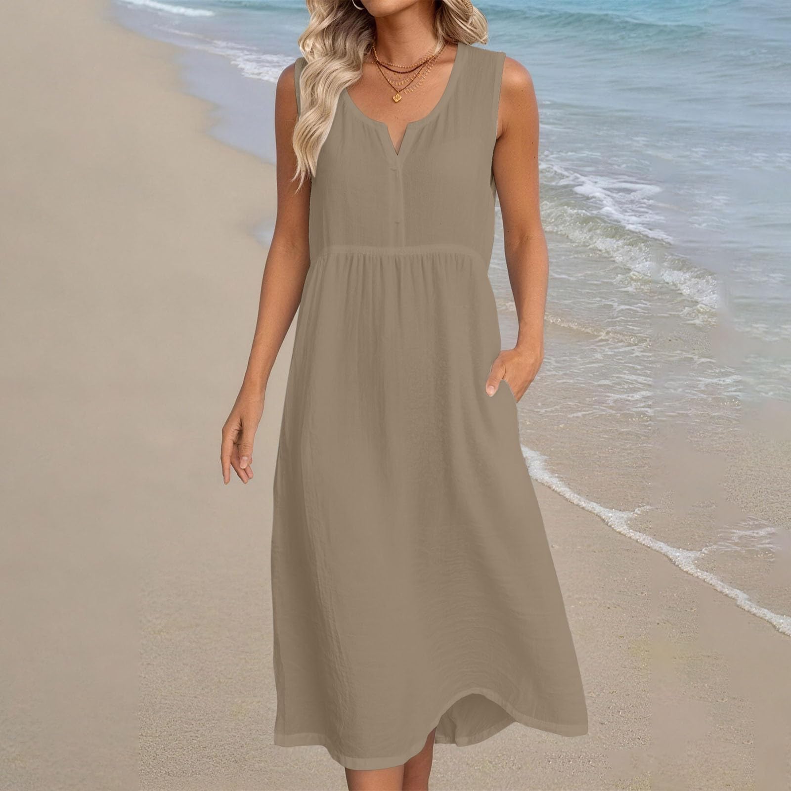 Womens Cotton Linen Midi Dresses Sleeveless Crewneck Empire Waist Loose Comfy Beach Casual Sundress - 3