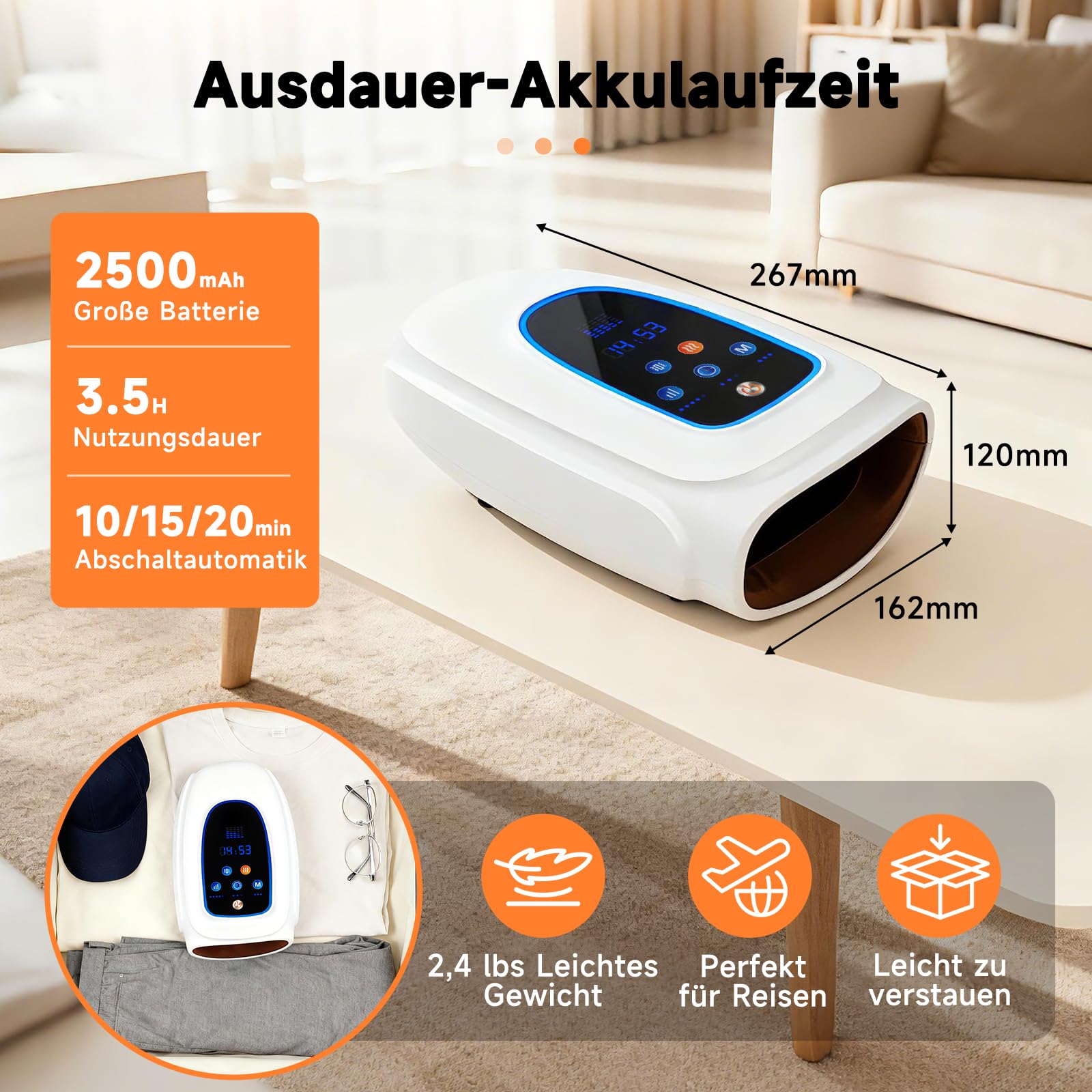 Elektrische Handmassagegeräte, Kabelloses Massagegerät mit Wärme & Rollknetmassage, 3 Massage-Modi, Tragbares Touchscreen-Handmassagegerät für Arthritis und Karpaltunnel (Weiß)