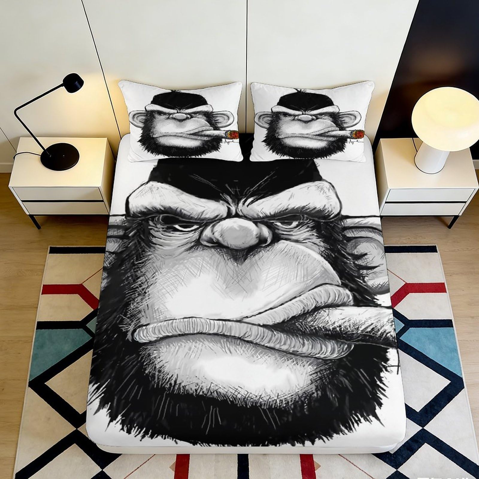 3D Printed Gorilla Face Fitted Sheet Microfiber Soft Black White Cartoon Mattress Cover for Bedroom Guest Room Decor 90x200x25cm