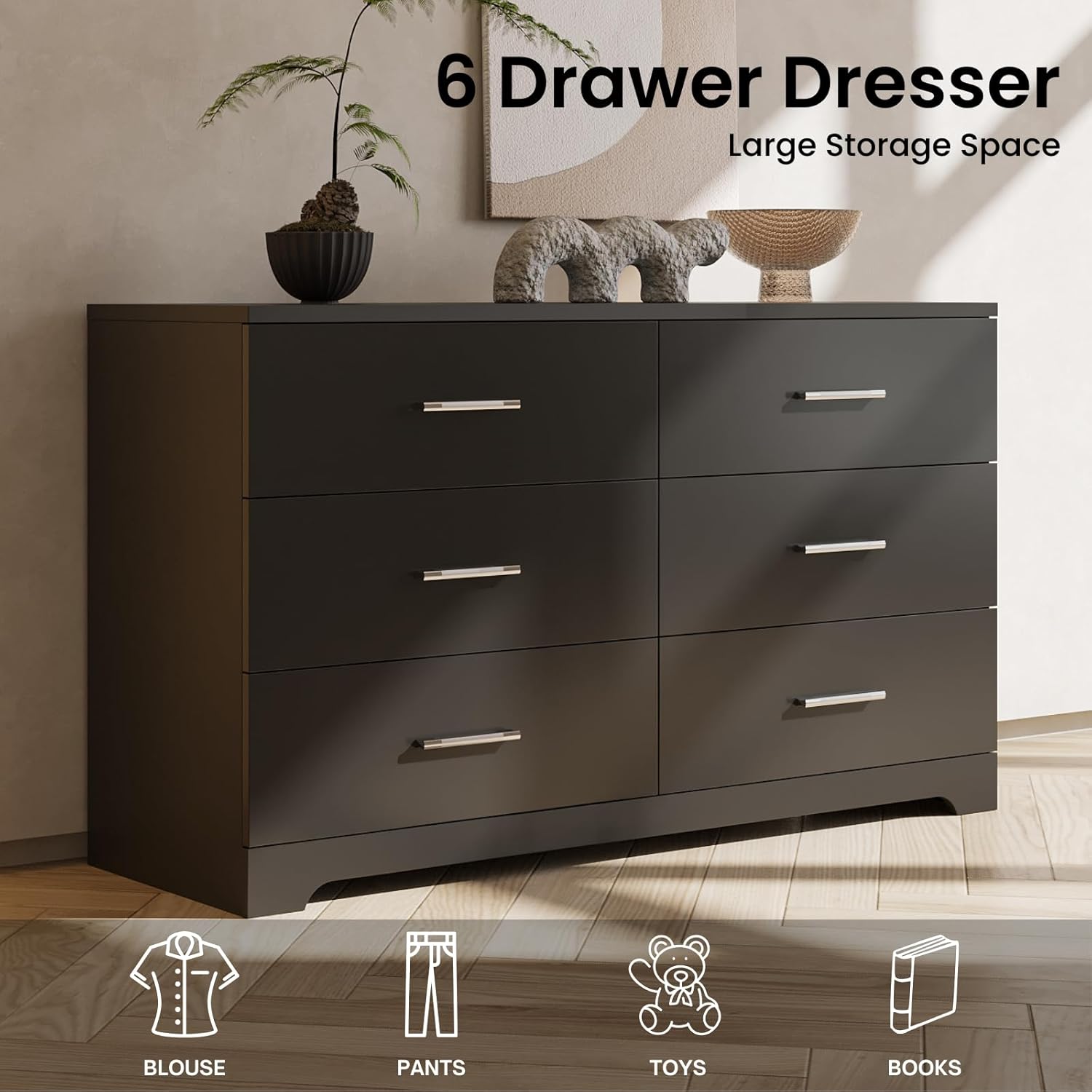 Karl home 6 Drawer Dresser, Wood Black Vanity Drawer Cabinet, Bedroom Storage Cabinet TV Stand, Large Dresser Storage Chest with Deep Drawers, Bedroom Furniture, 47.2×27.6×15.7 inches