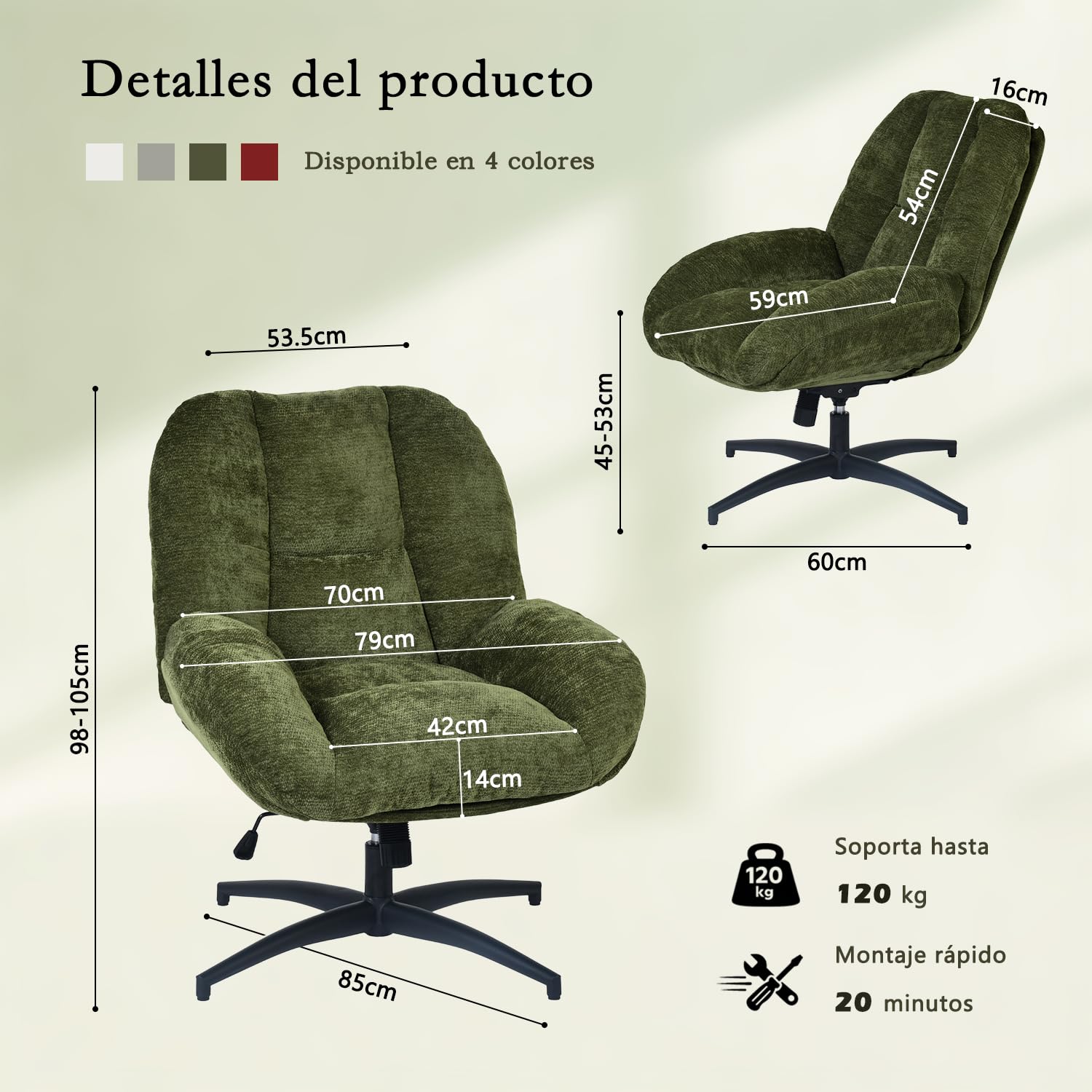 MEUBLE COSY Sillón Giratoria Butaca de Salón con Altura Ajustable Función de Inclinación, Silla Lectura con Tapizado en Tela de Chenilla, Verde
