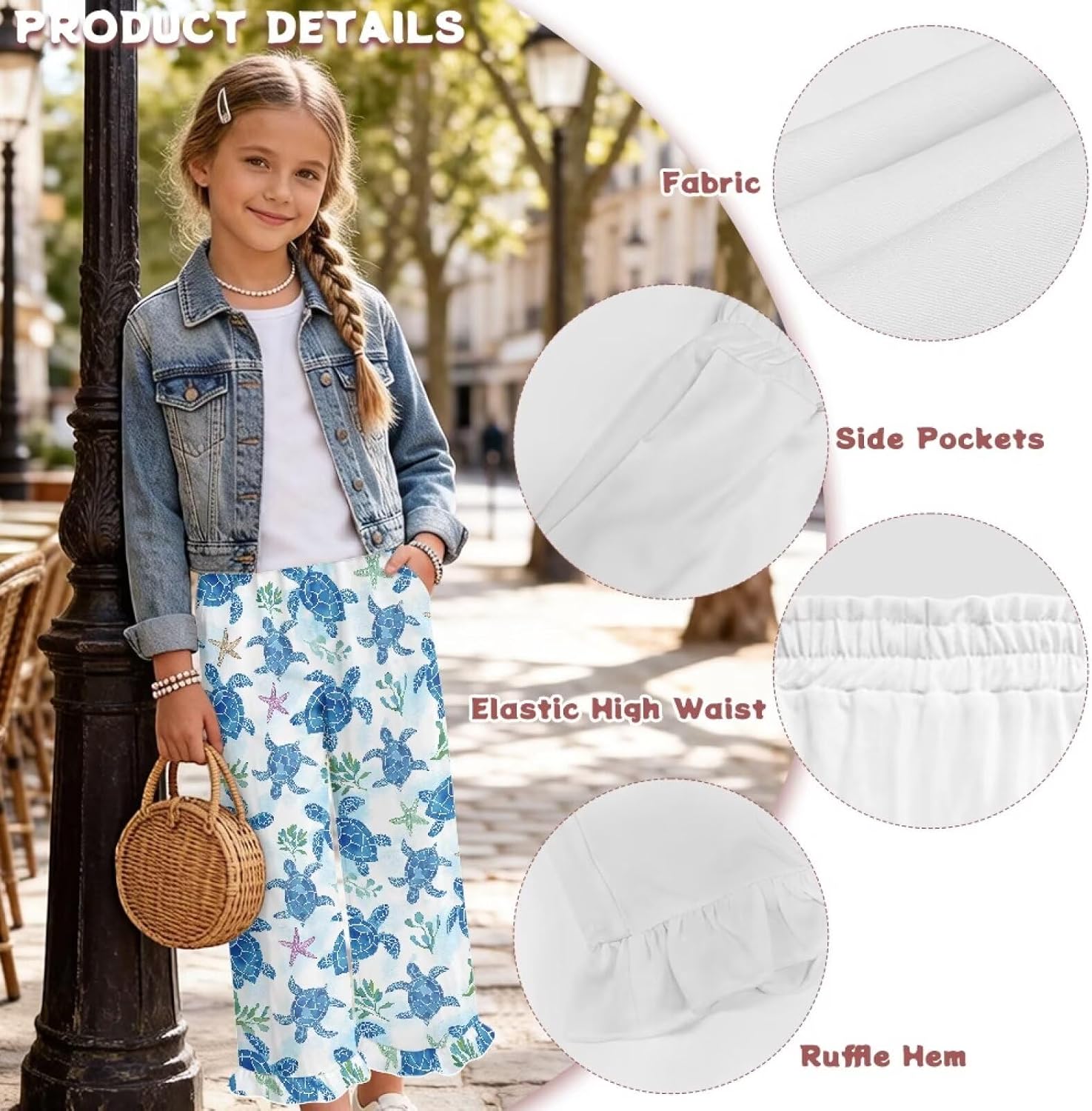 Wide Leg Pants for Girls Waist Elastic High Rise Ruffle Hem Side Pockets Relaxed Fit Gift for Daughter