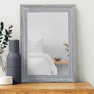 Wooden Mirror Rectangle Rustic Hanging Mirror Farmhouse Modern Bathroom Bedroom Wall Mirror Decor Grey Retro Grey 16inchx12inch