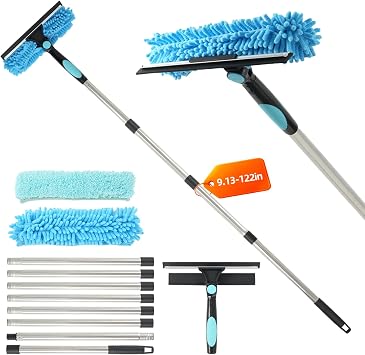 122 Window Washing Kit with Extension Pole, 2-in-1 Window Cleaning Kit with Scrubber and Rotating Head, Window Cleaner Tool for Shower Rooms, Glass, Floors, Tiles, Walls, Car Windshields