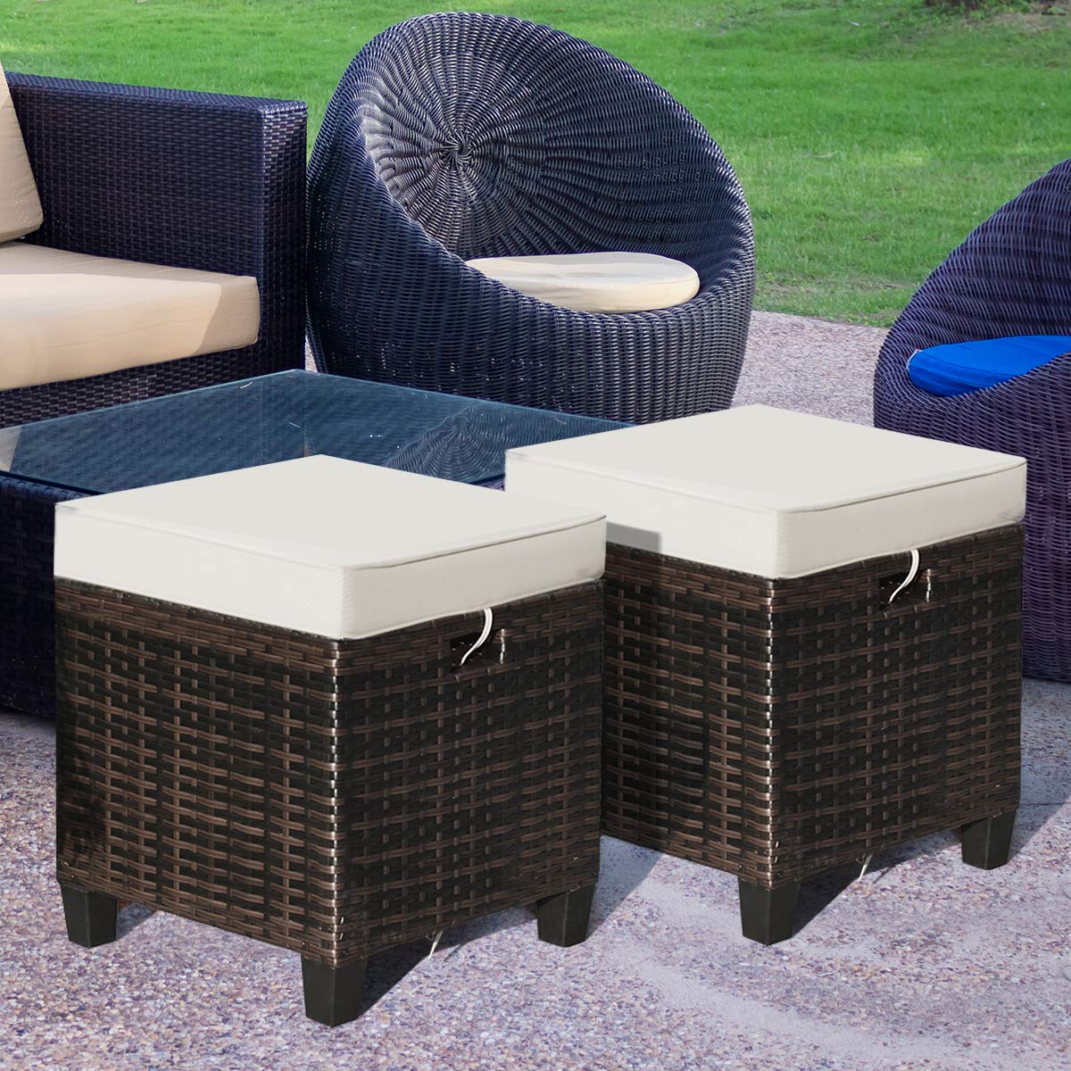 Tangkula 4 Pieces Outdoor Patio Ottoman, All Weather Rattan Wicker Ottoman Seat, Patio Rattan Furniture, Outdoor Footstool Footrest Seat w/Removable Cushions (Brown)