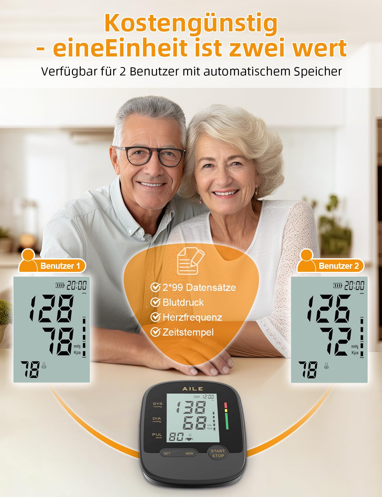 AILE Oberarm Blutdruckmessgerät für den Hausgebrauch,Digitale Blutdruckmessgeräte mit Verstellbar Große Manschette (22-42 cm) Automatisches Bluthochdruck Messgerät Einknopfbedienung