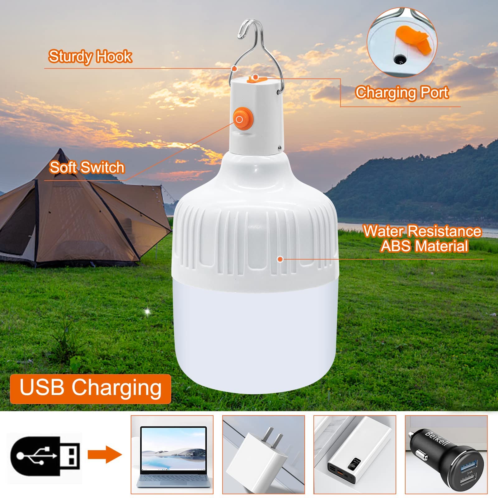 2 Pezzi Lanterna da Campeggio LED, Lampadina Ricaricabile USB 2 Livelli Dimmerabili Appeso Portatile, Luce da Lavoro Lampada Ultra Luminosa Lmpermeabile per Esterno Giardino Emergenza Tenda