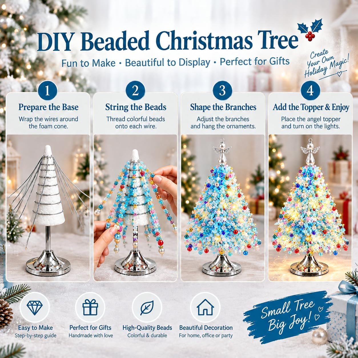 DIY Beaded Christmas Tree Kit, Light-Up DIY Christmas Decoration Set,Jingle Beads Craft Set, Mini Holiday Decor, 3D Holiday Craft Set, Includes Crystal Colored Beads, Metal Frame and Angel Tree top