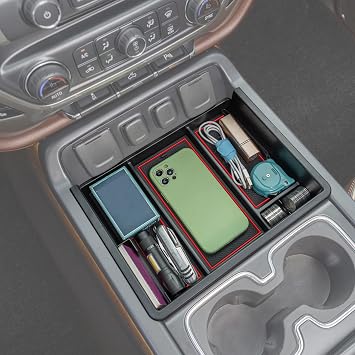 JKCOVER Center Console Organizer Compatible with Chevy Silverado/GMC Sierra 2014 2015 2016 2017 2018 1500/2500/3500HD Accessories Console Compartment Storage Tray -Bucket Seats ONLY Red Trim