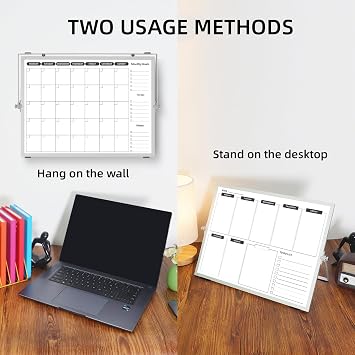 Double-Sided Whiteboard Calendar, Weekly and Monthly Planner for Desk and Wall, Chores Board for Family Planning, Meal and Memo, 40x30cm