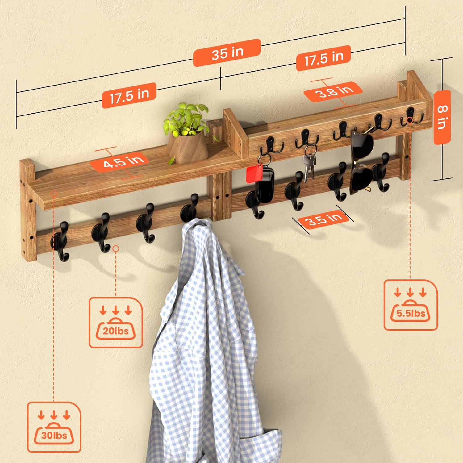 35'' Brown Coat Rack Wall Mount with Shelf, Solid Wood Coat and Key Hanger with 13 Metal Hooks, Farmhouse Wall Organizer for Mail, Entryway Wall Hangers for Hats, Clothes, Backpacks, Mudroom