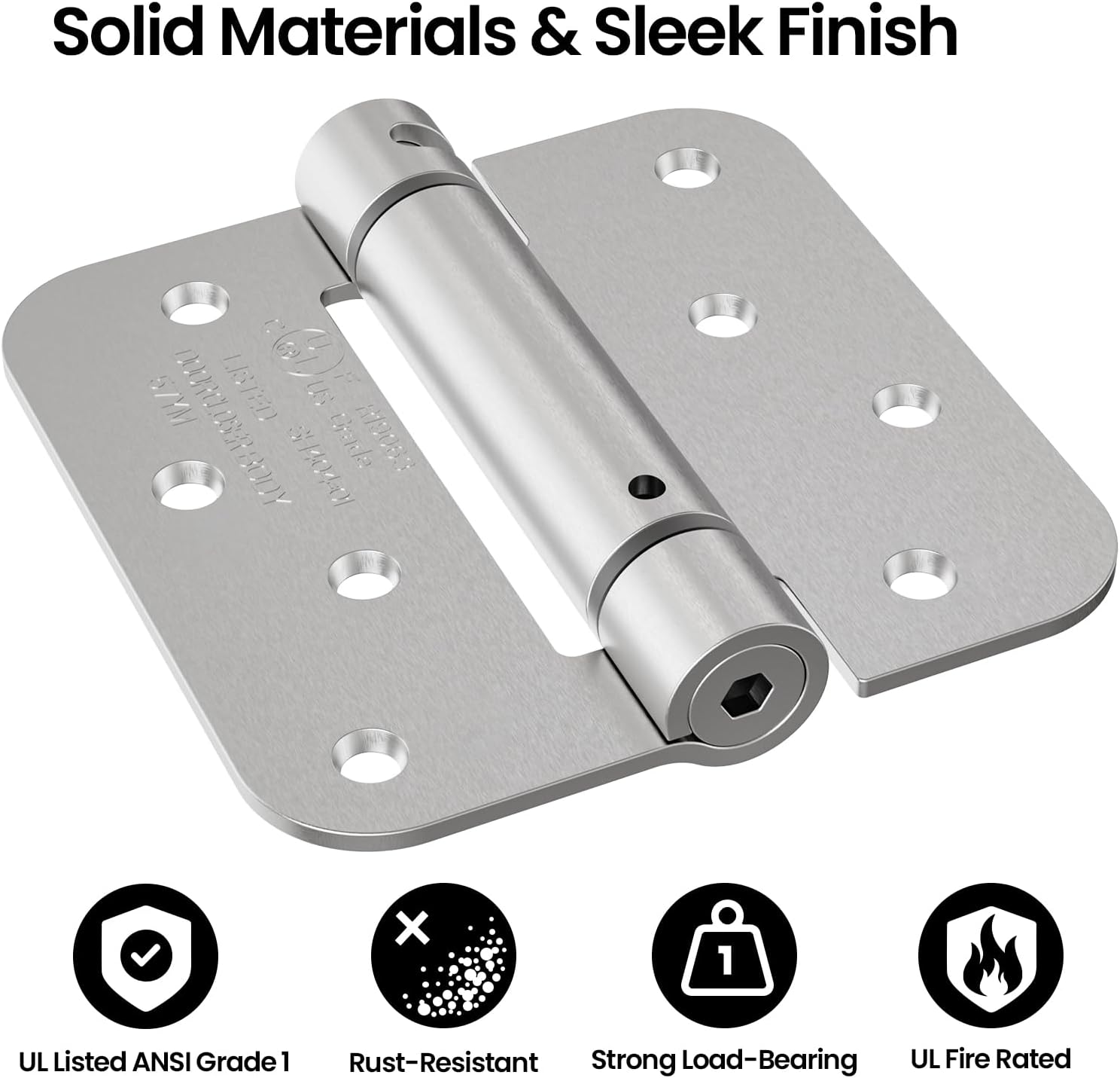 Self Closing Door Hinges 4 Inch, Brushed Nickel Spring Loaded Hinges 5/8'' Radius Corners, Adjustable Tension for Exterior, Garage, Front and Back Doors, Heavy Duty UL Listed 4 Pack