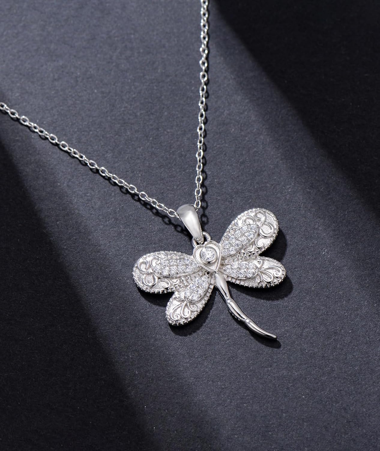 1/28 Carat Diamond Dragonfly Necklace for Women 925 Sterling Silver Dragonfly Pendant Necklaces 18K White Gold Plated Fine Jewelry