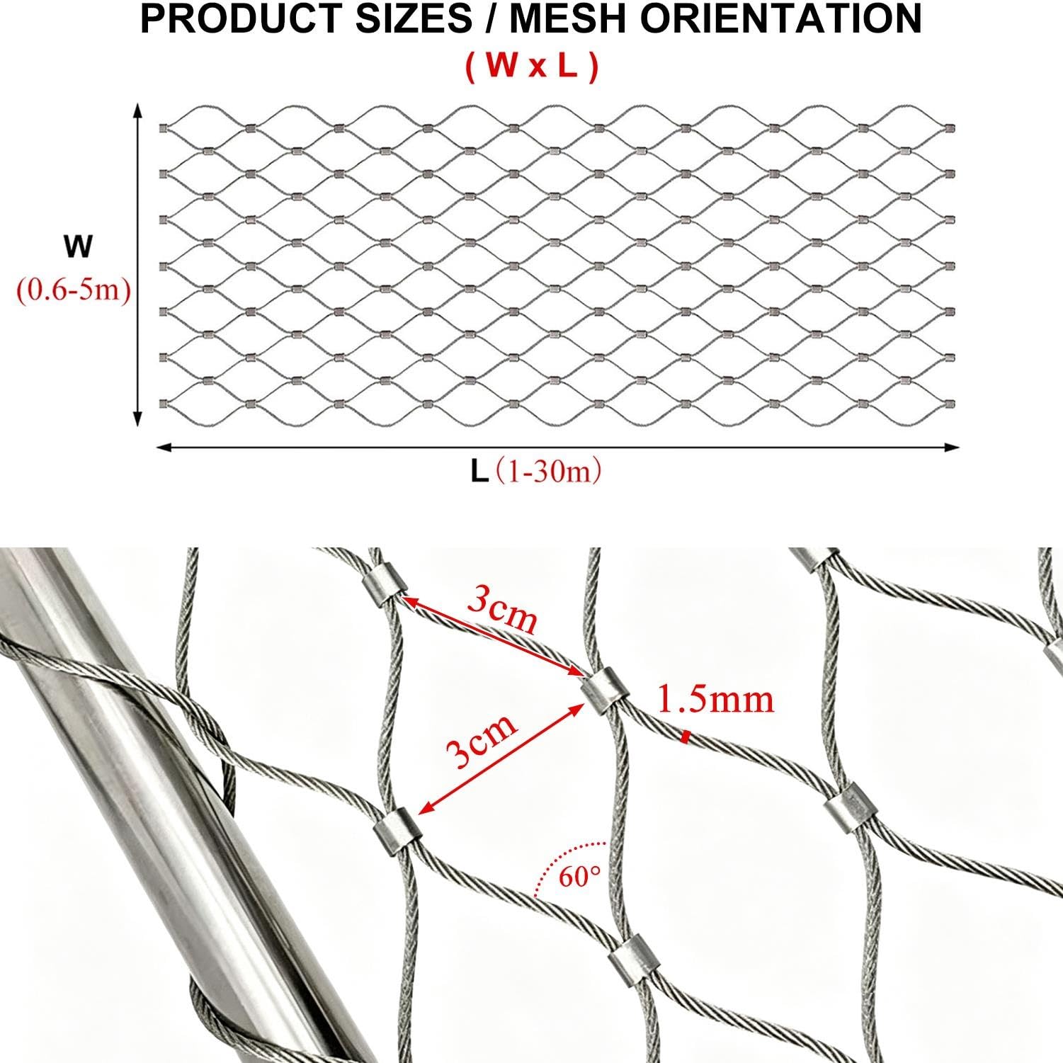 Grillage Souple INOX Cable - Clôture De Sécurité À Mailles De 3cm