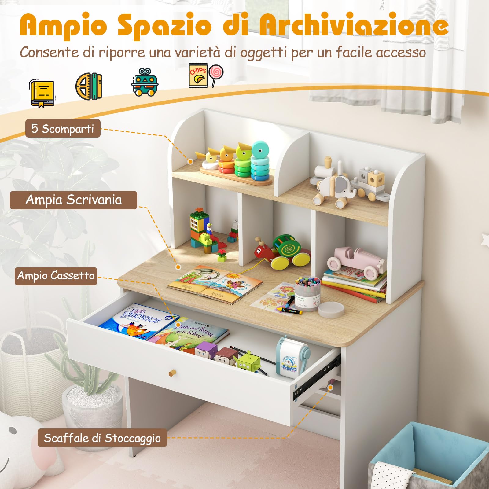 COSTWAY Scrivania in Legno 80 x 48 x 102 cm per Bambini 3+ Anni, Scrivania Cameretta Bambina con 5 Mensole, 1 Cassetto, Spazio di Lavoro e Angoli Arrotondati, Ideale per Studio e Disegno (Naturale)
