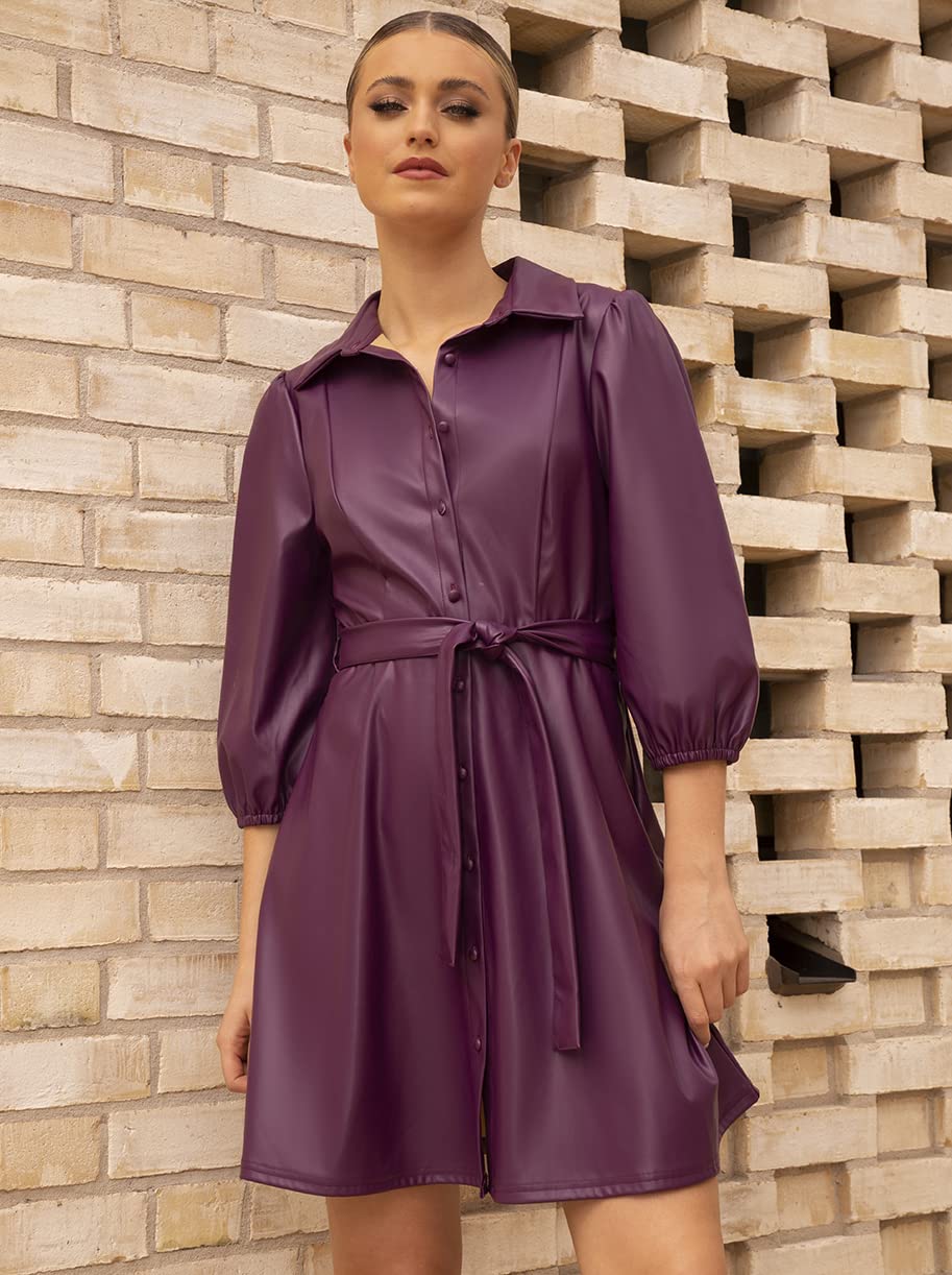 Chi Chi London Abito Camicia Pu Manica Palloncino in Viola Vestito da Sera Donna