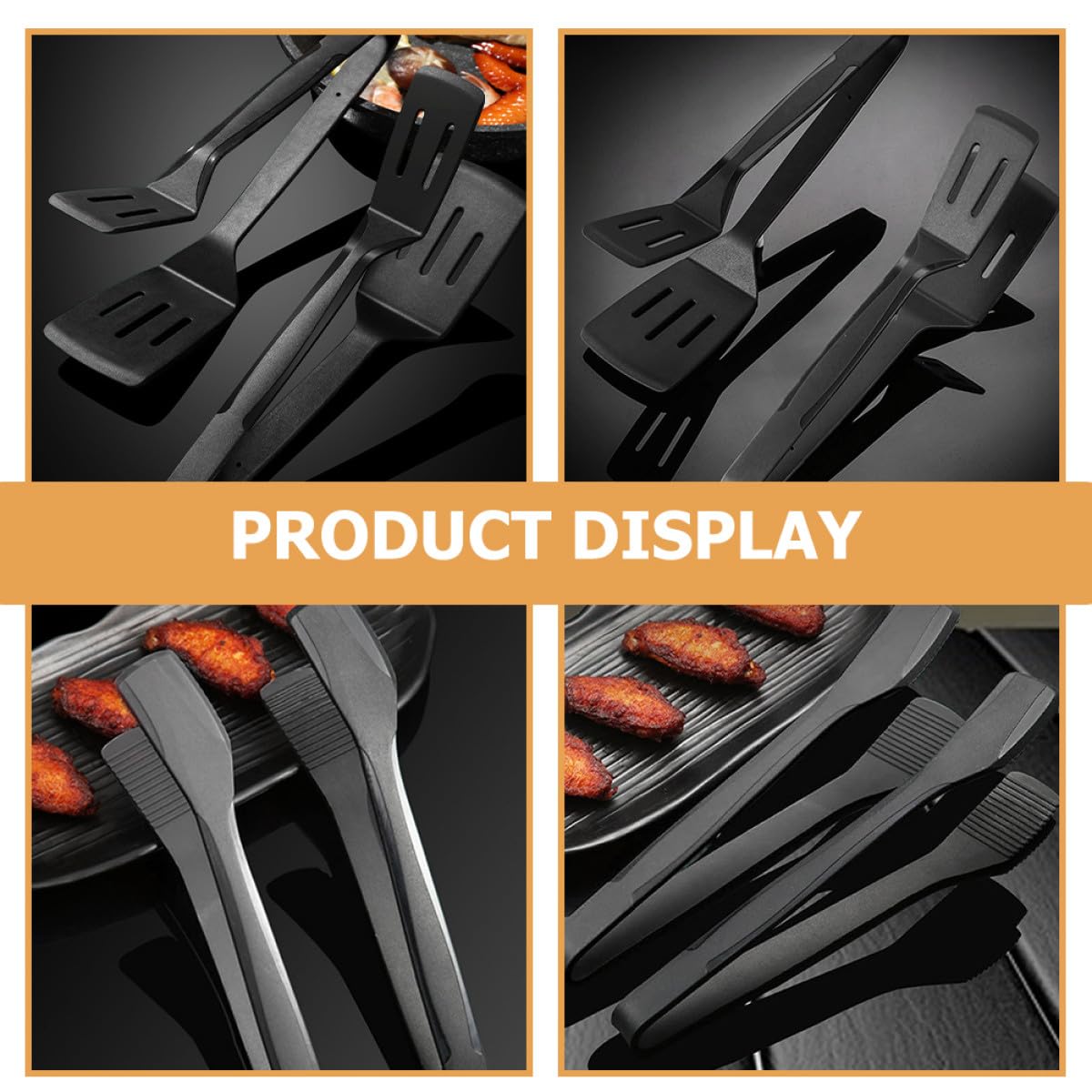 GALPADA Set 2 Pinze da Cucina in Silicone Nero per Barbecue e Forno, Resistenti al Calore, per Girare Carne, Pesce e Pasta a Casa a Colazione