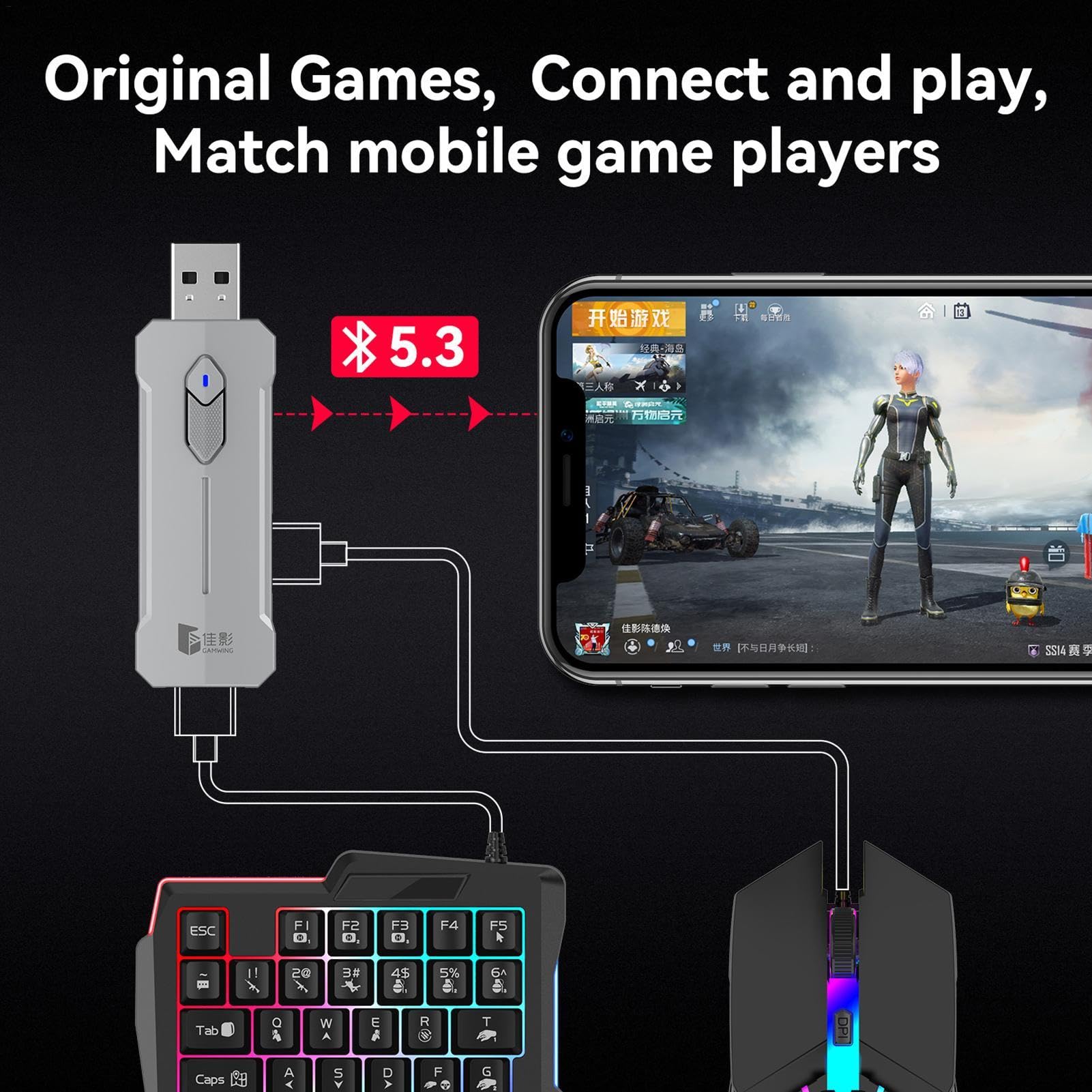 Juegos de convertidores de juegos para teléfono, teclado y mouse de juego de media mano de 35 teclas, convertidor de juegos móvil con retroiluminación LED RGB, adaptador de juego de media mano para un