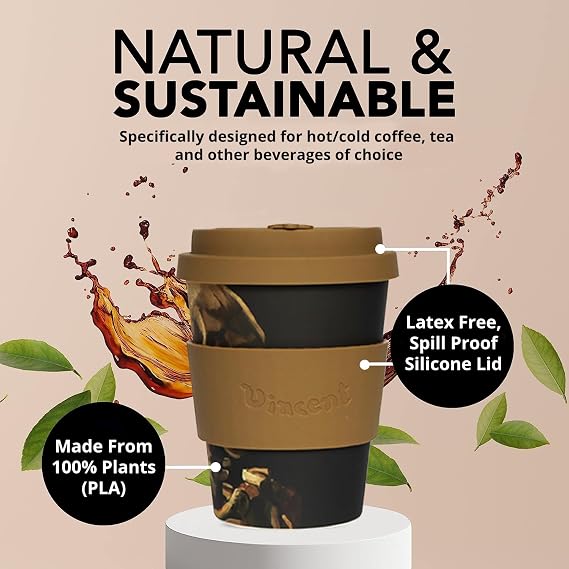 Ecoffee Cup 12oz 350ml Van Gogh Collection Reusable Eco-Friendly 100% Plant Based Coffee Cup with Silicone Lid & Sleeve - Melamine Free Dishwasher/Microwave Safe Travel Mug (Skull)