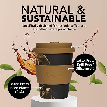 Ecoffee Cup 12oz 350ml Van Gogh Collection Reusable Eco-Friendly 100% Plant Based Coffee Cup with Silicone Lid & Sleeve - Melamine Free Dishwasher/Microwave Safe Travel Mug (Skull)