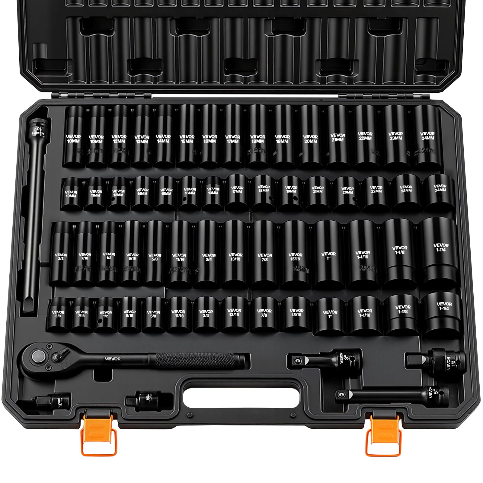 1/2" Drive Impact Socket Set, 65 Piece Socket Set SAE 3/8" to 1-1/4" and Metric 10-24mm, 6 Point Cr-V Alloy Steel for Auto Repair, Rugged Construction, Easy-to-Read Size Markings, Storage Case