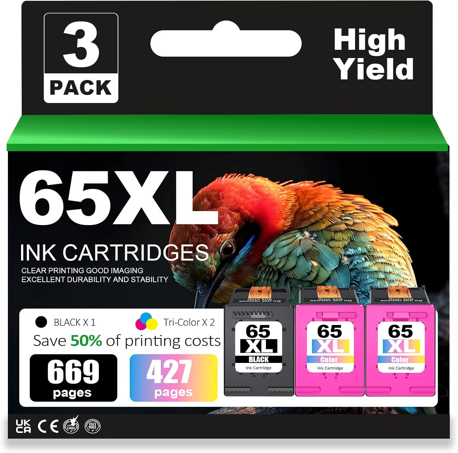 65XL Black and Color Ink Cartridges Replacement for HP Ink 65 65XL Combo Pack for HP AMP 100 105 120 125 130 DeskJet 2622 2624 2625 2628 2635 ENVY 5010 5012 5014 5020 5030 Printer (1 Black 2 Color）
