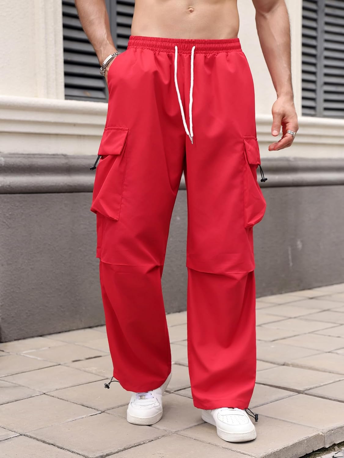 OYOANGLE Men's Baggy Cargo Pants Elastic Drawstring Waist Flap Pocket Y2K Hip Hop Trousers - Image 5