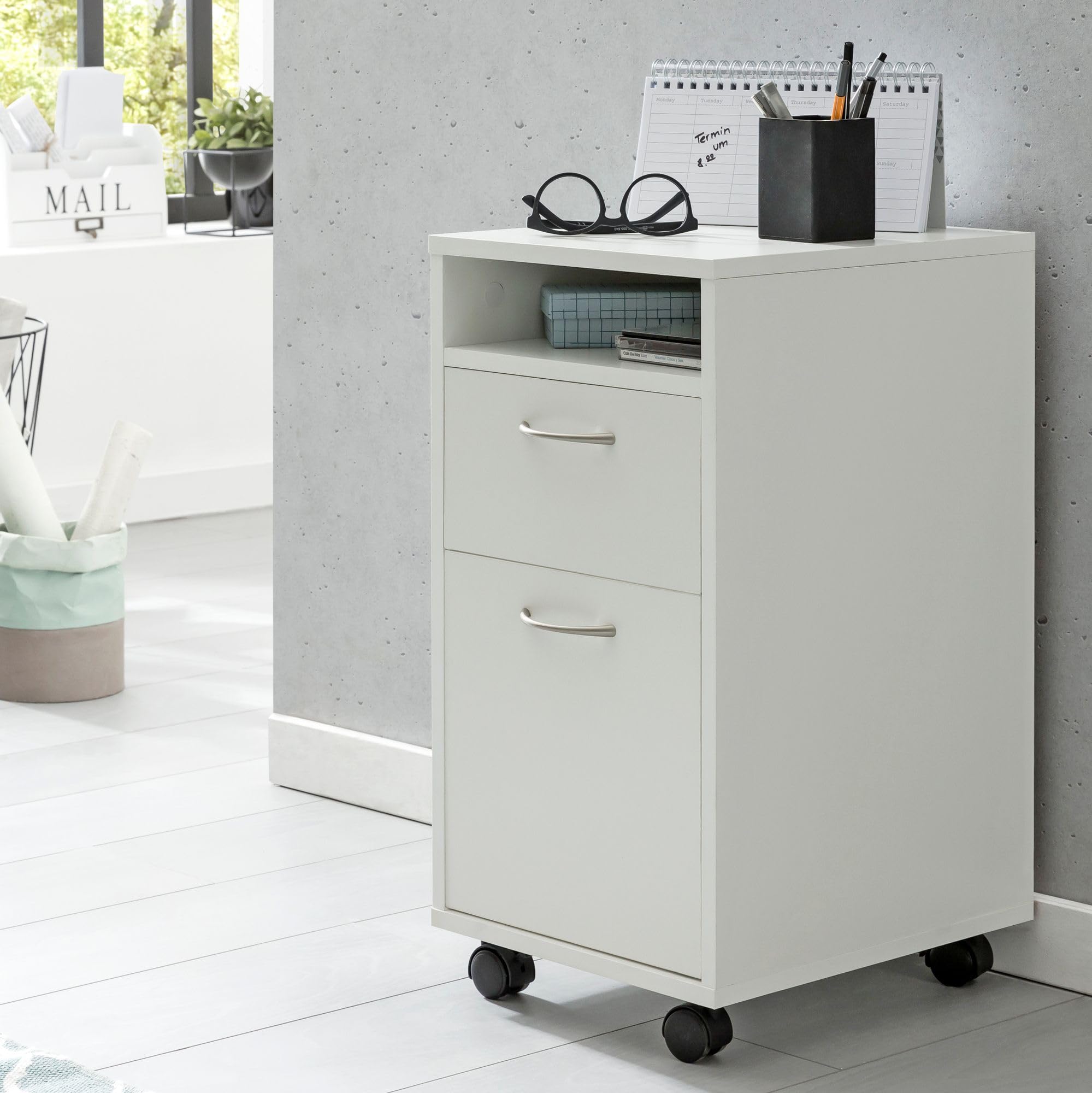 FineBuy Cassettiera con Ruote 33x38x63 cm Legno Bianca con Anta e Cassetto | cassettiera da scrivania su ruote, cassettiera da ufficio piccola, cassettiera con ruote entra sotto la scrivania