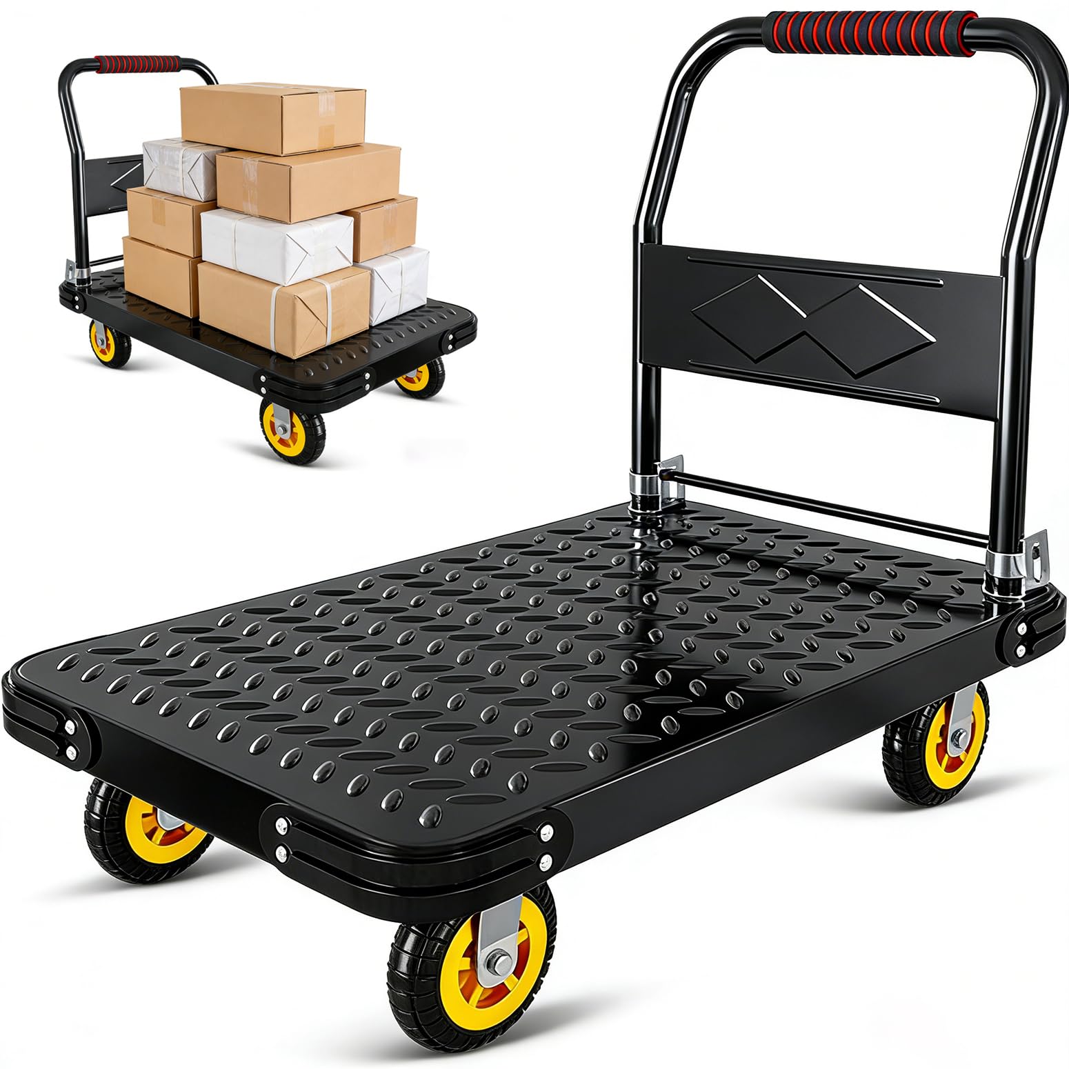Carretilla De Mano Plegable 420kg-1300kg Carro De Plataforma Resistente con Ruedas Silenciosas, Carro Plegable con Plataforma Plana para Almacenes, Comedores Y Obras De Construcción,Negro,XL