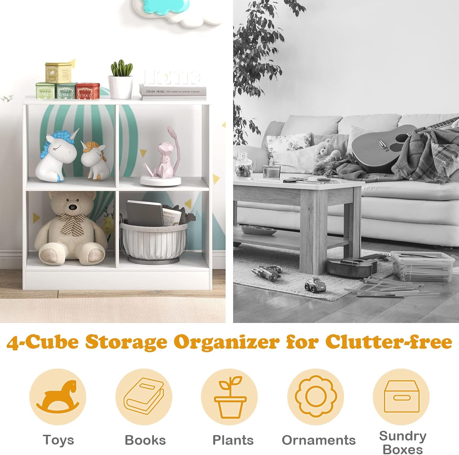 HONEY JOY Kids Toy Storage Organizer, 4-Section Storage Daycare Shelf for Preschool, Children 2-Tier Open Wooden Display Book Shelf Organizer for Classroom, Playroom & Nursery, Kindergarten(White)